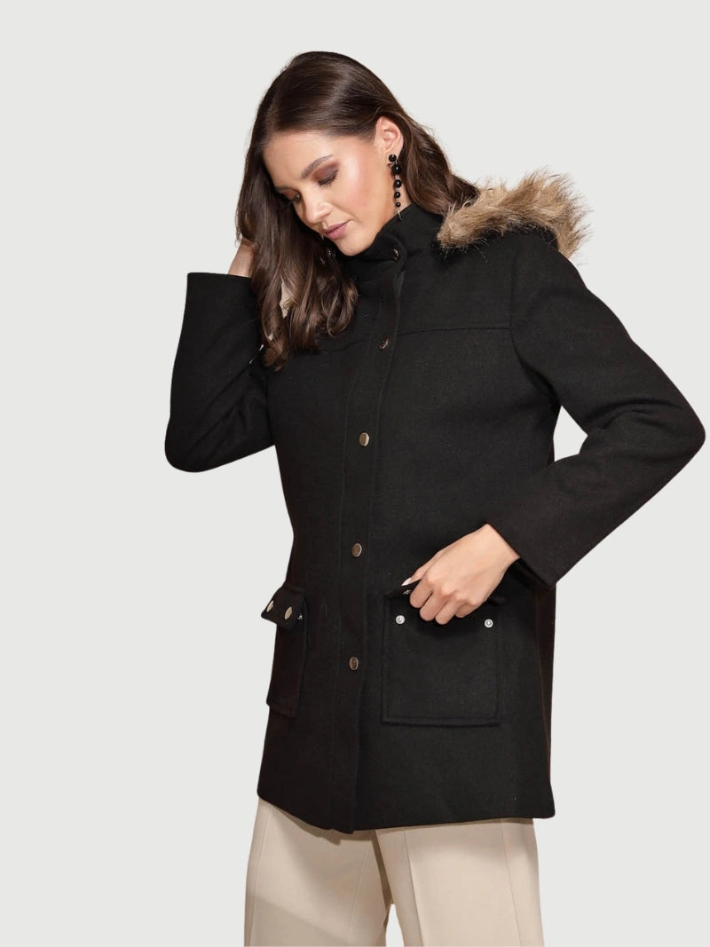 Black Solid Hooded Coat