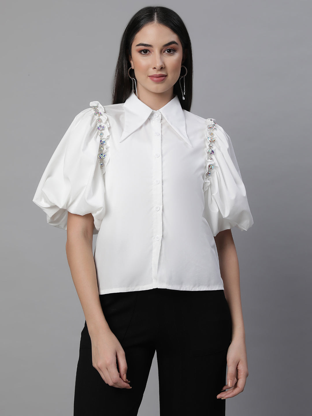 Women Black Collar Neck Puffed Sleeves Shirt