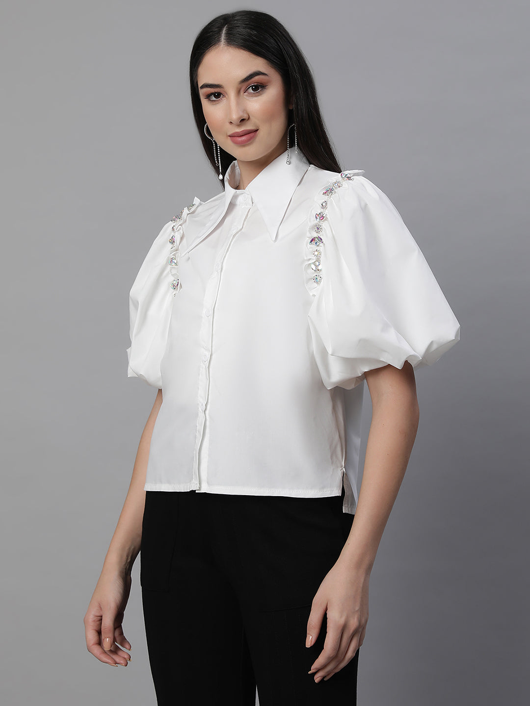 Women Black Collar Neck Puffed Sleeves Shirt - Global Republic