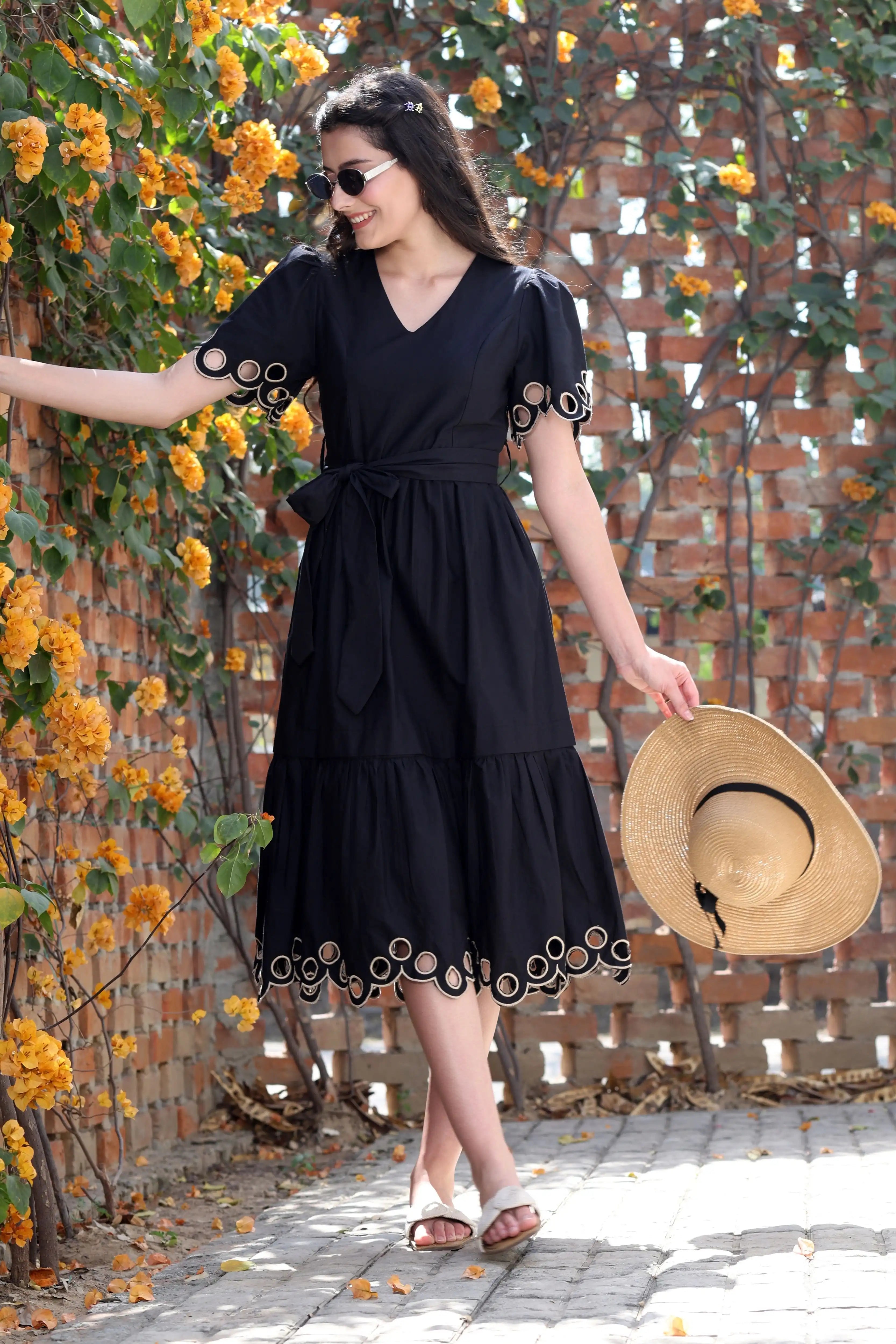 Black Cut Work Tiered Dress - Global Republic