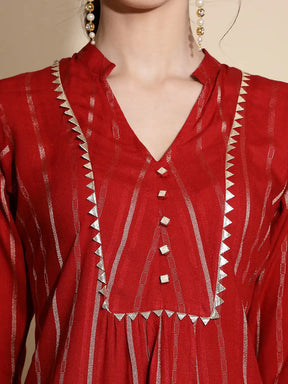 Red Printed Three Quarter Sleeves Mandarin Collar Tunic