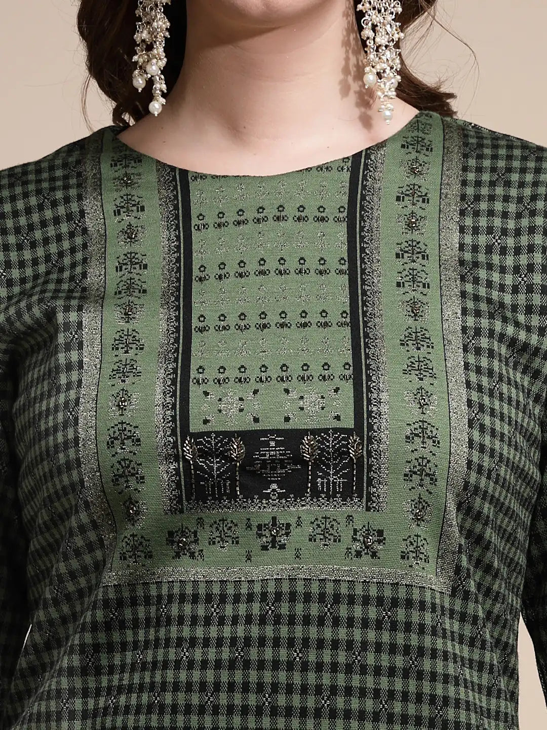 Women Green Printed Kurta Round Neck Woolen With Full Sleeve - Global Republic