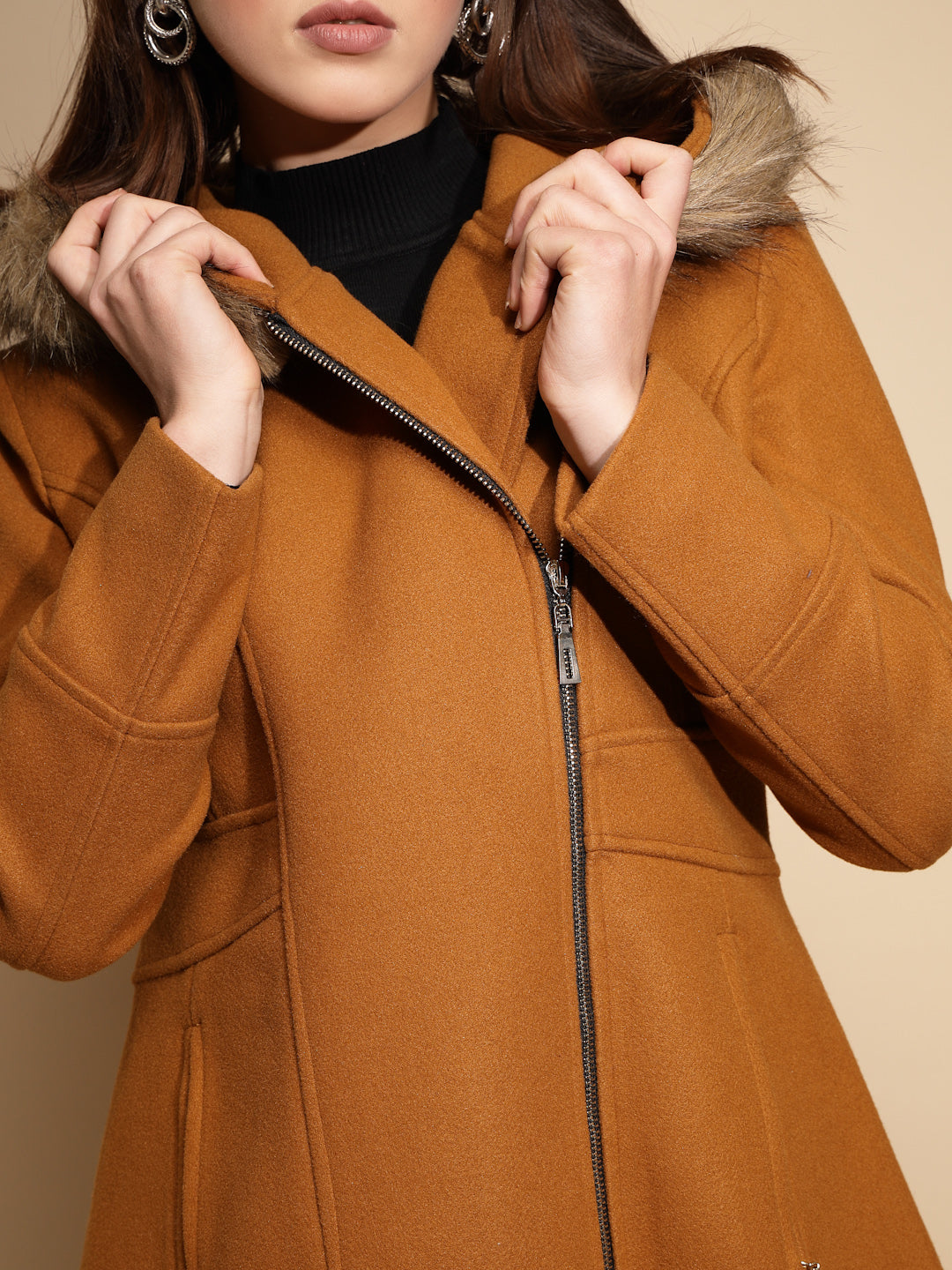 Women Mustard Solid Full Sleeve Knitted Fur Hooded Neck Coat - Global Republic