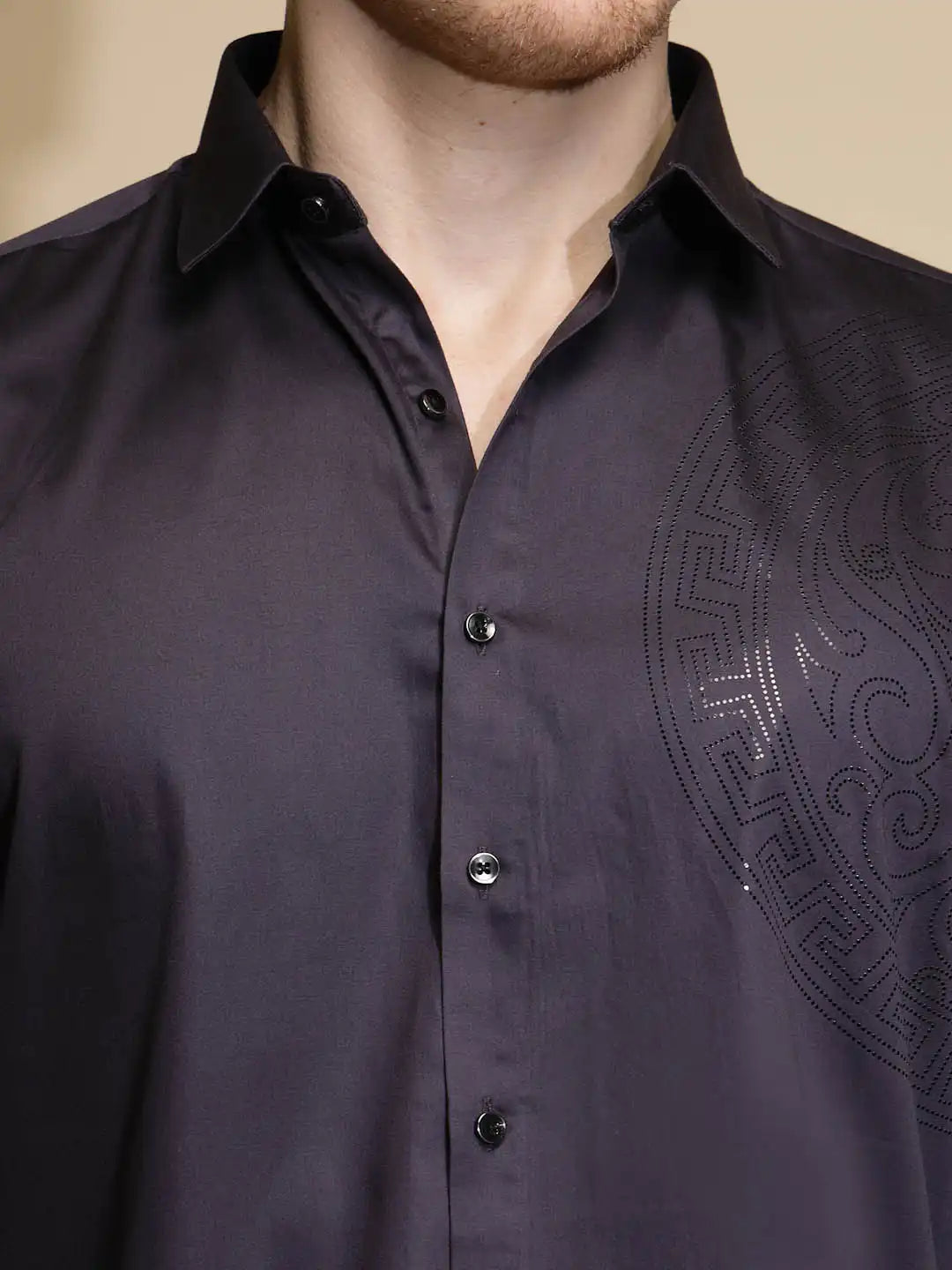Dark Grey Solid Full Sleeve Collar Neck Cotton Blend Shirt