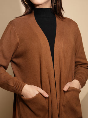 Women Brown Solid Lapel Collar Neck Full Sleeve Knitted Winter Shrug
