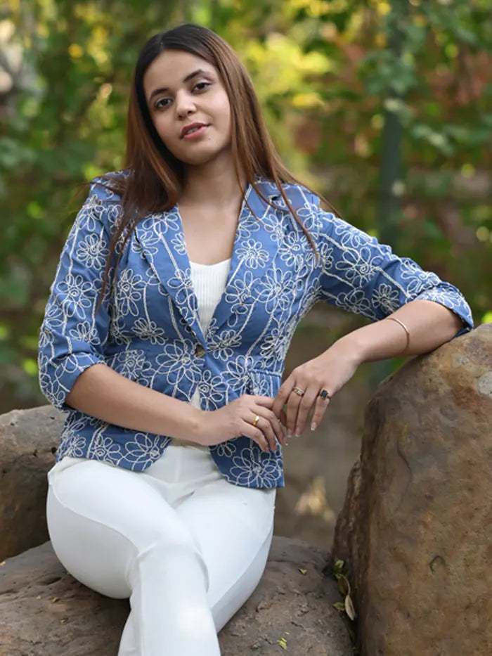 Blue Embroidered Cotton Coat