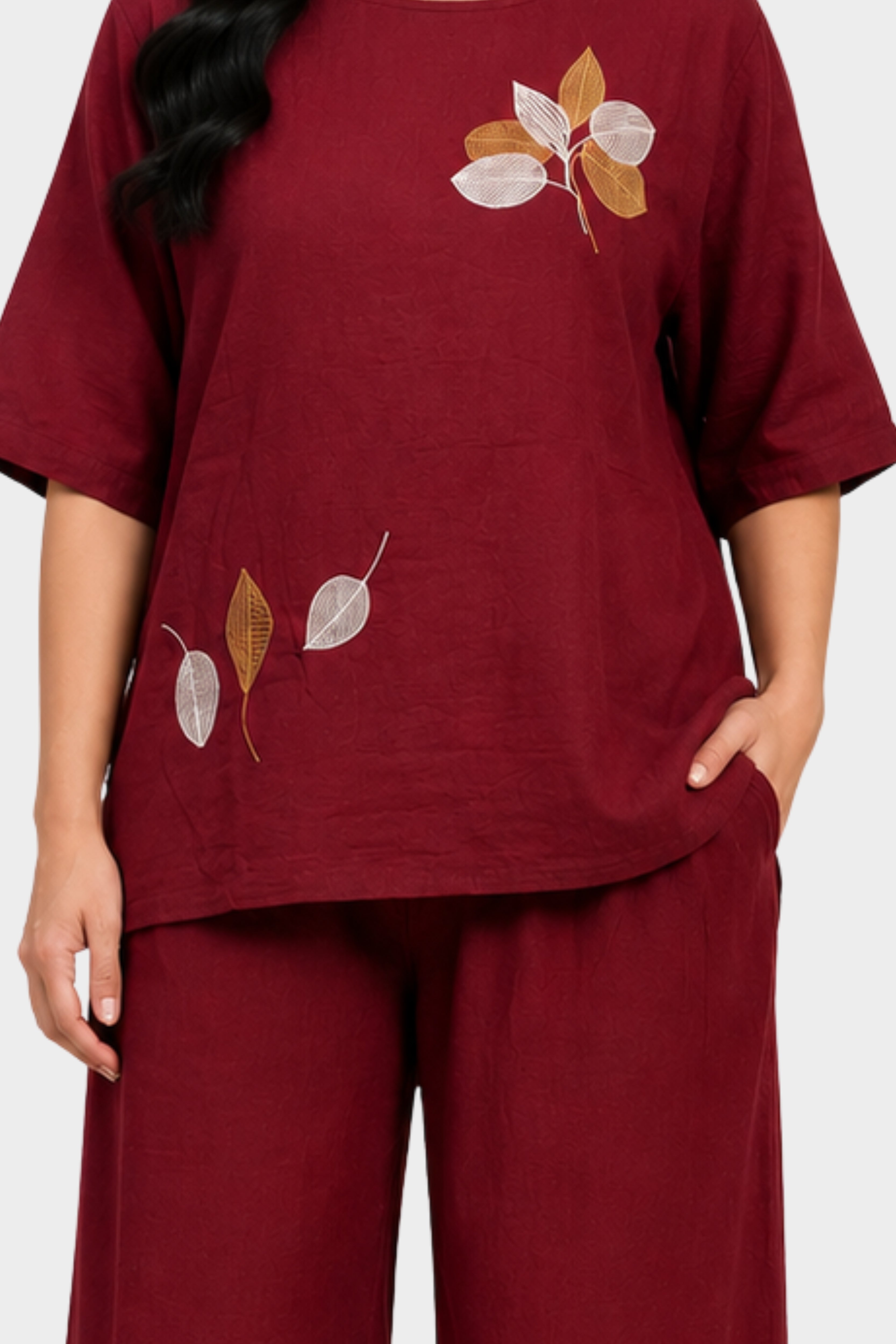 Maroon Leaf Embroidered Lounge Wear Set