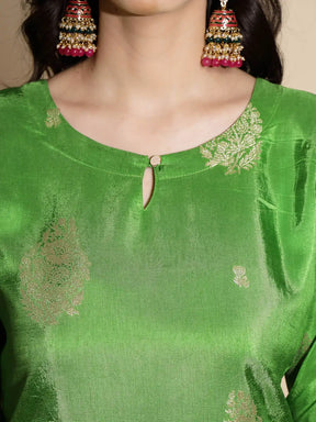 Green Foil Printed Three Quarter Sleeves Key Hole Neck Silk Kurta Set With Georgette Dupatta