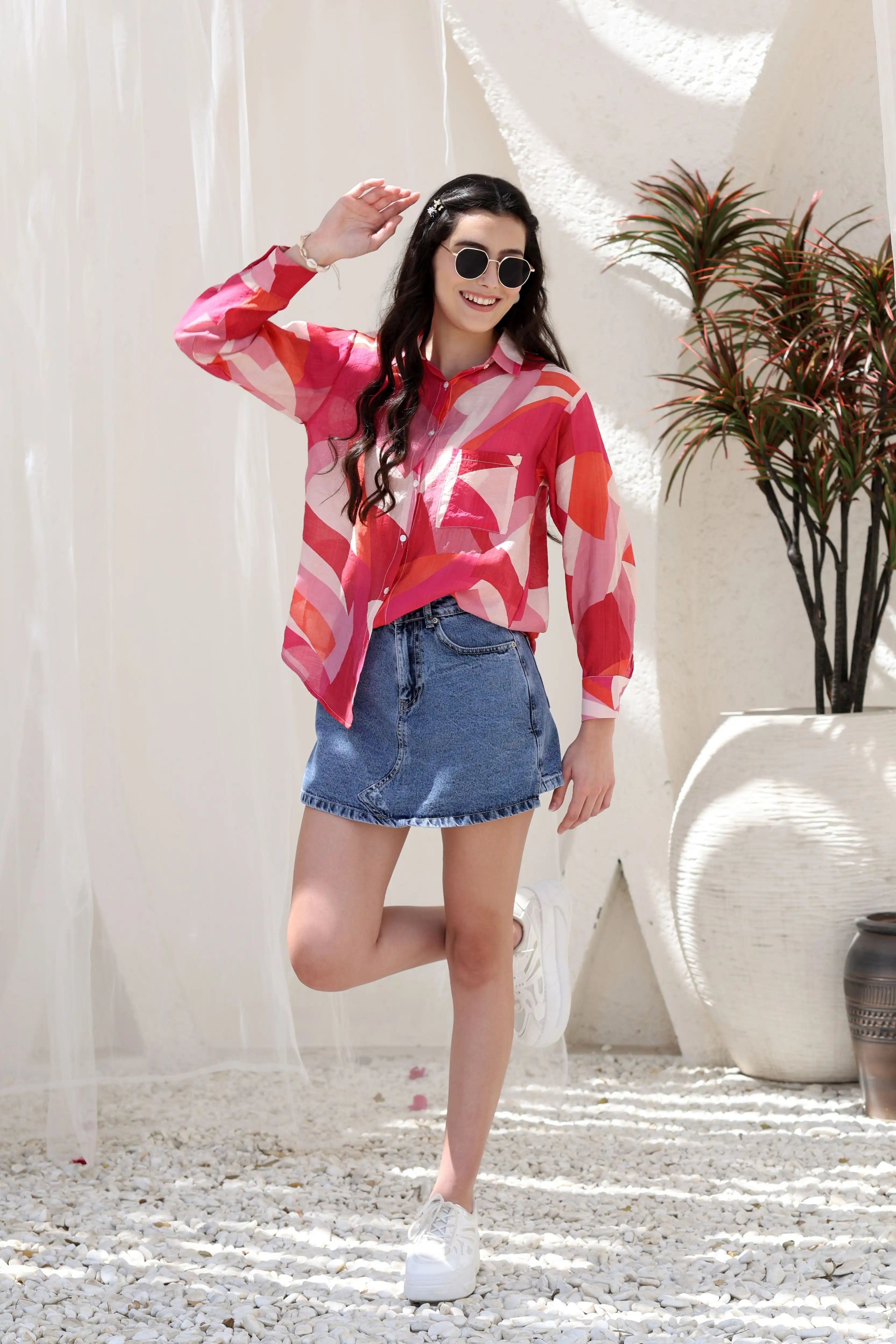 Red Abstract Rayon Blend Shirt