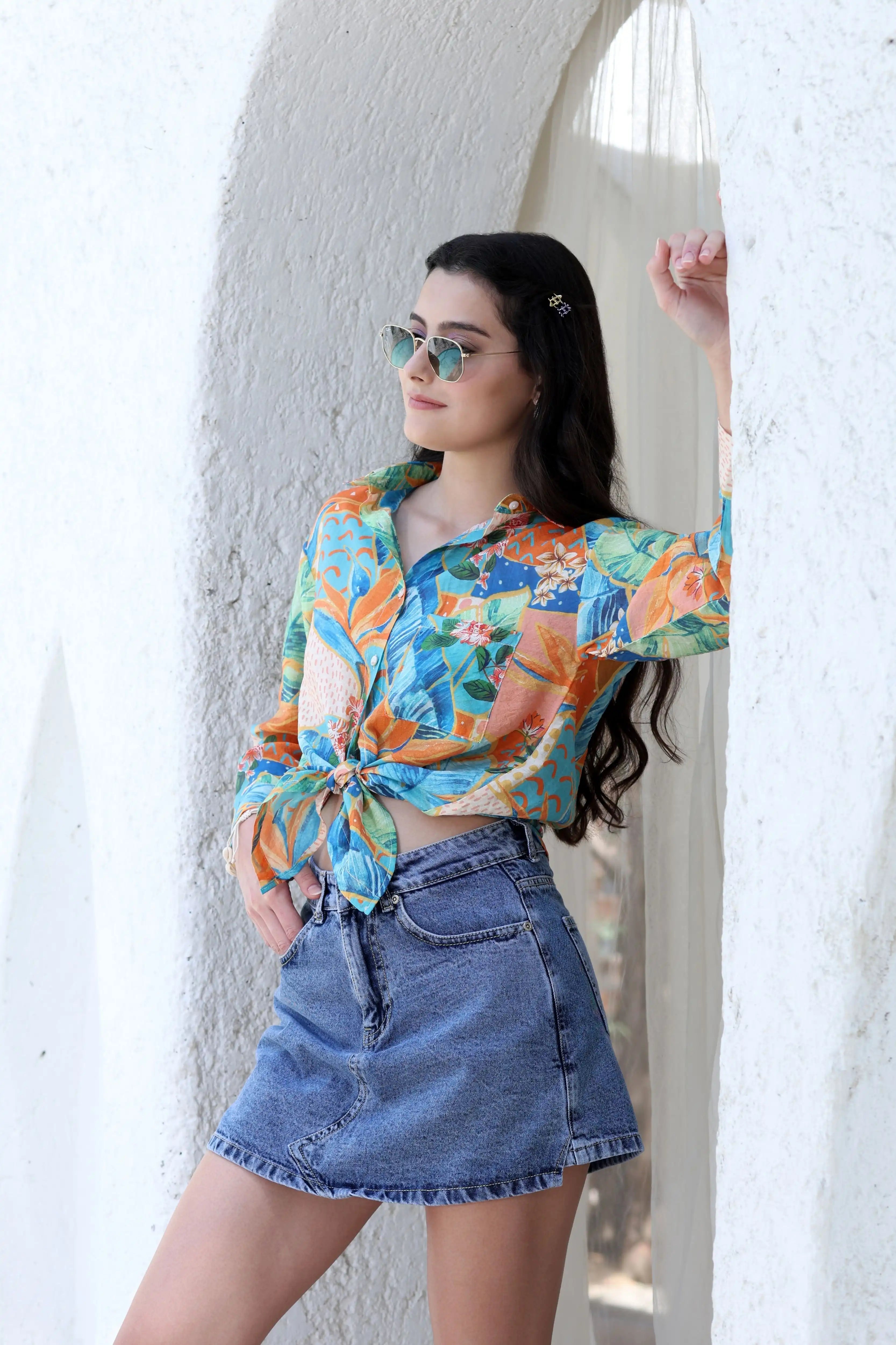 Orange Tropical Print Rayon Blend Shirt