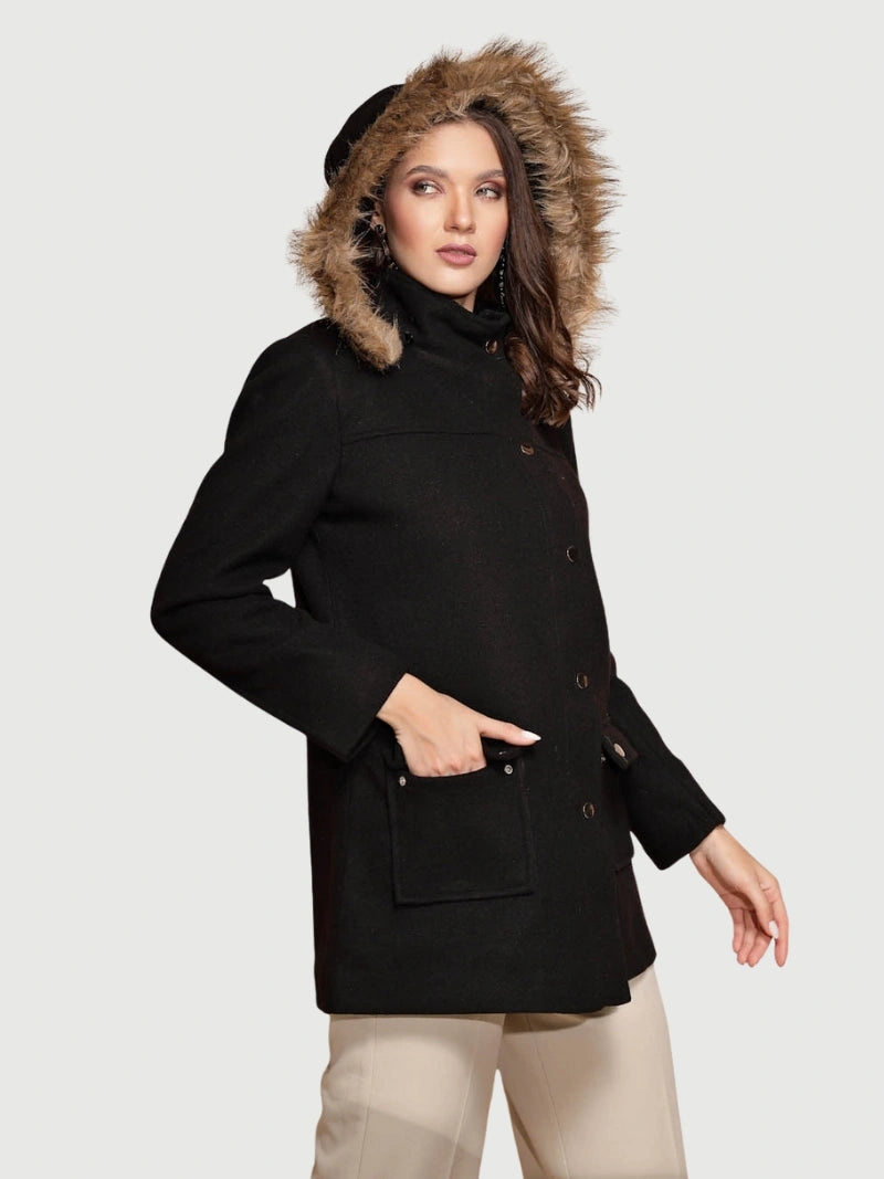 Black Solid Hooded Coat
