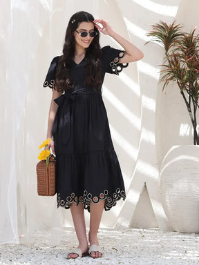 Black Cut Work Tiered  Dress - Global Republic