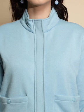 Light Blue Solid Full Sleeve Turtle Neck Acrylic Sweatshirt