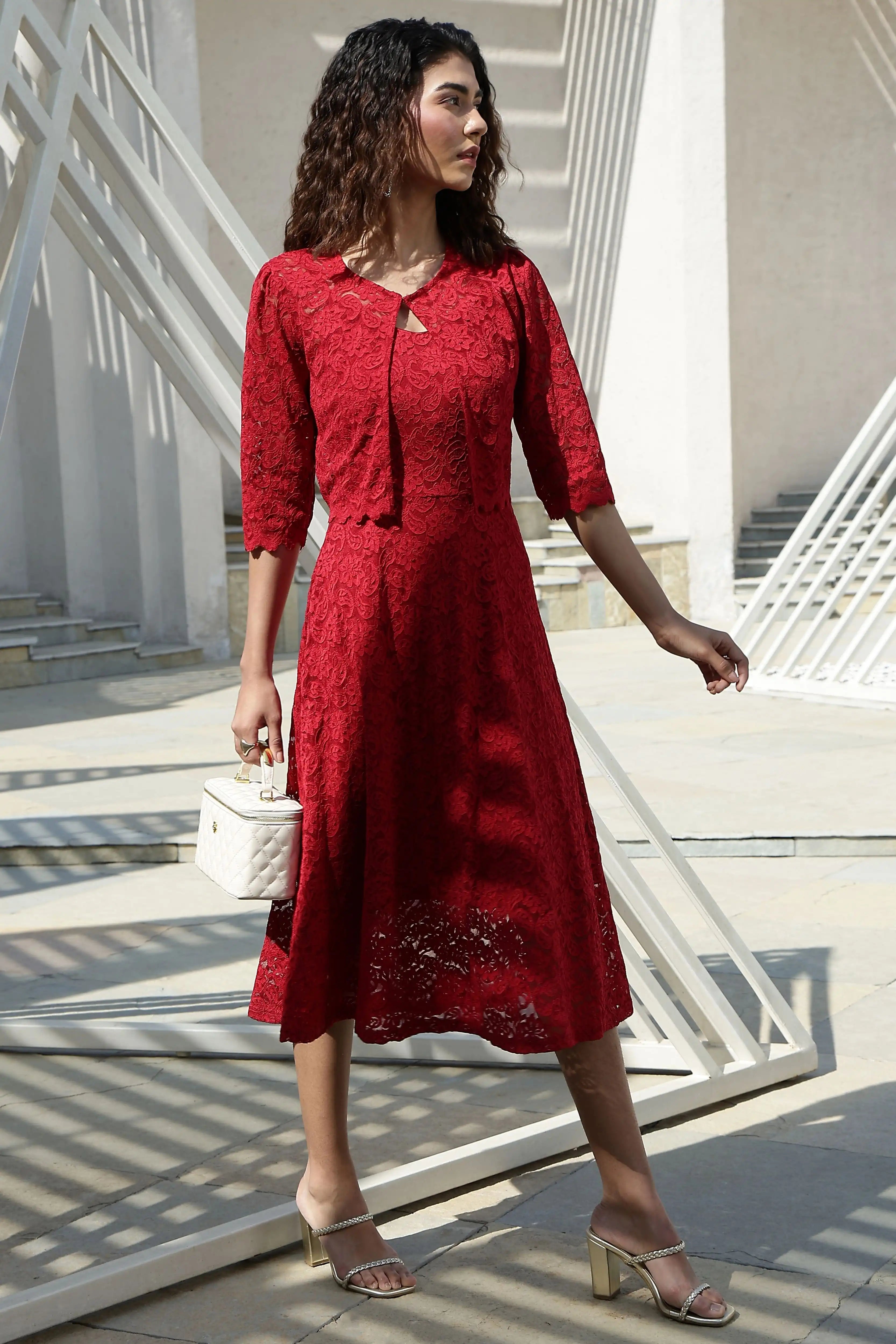Maroon Floral Lace Fit & Flare Dress