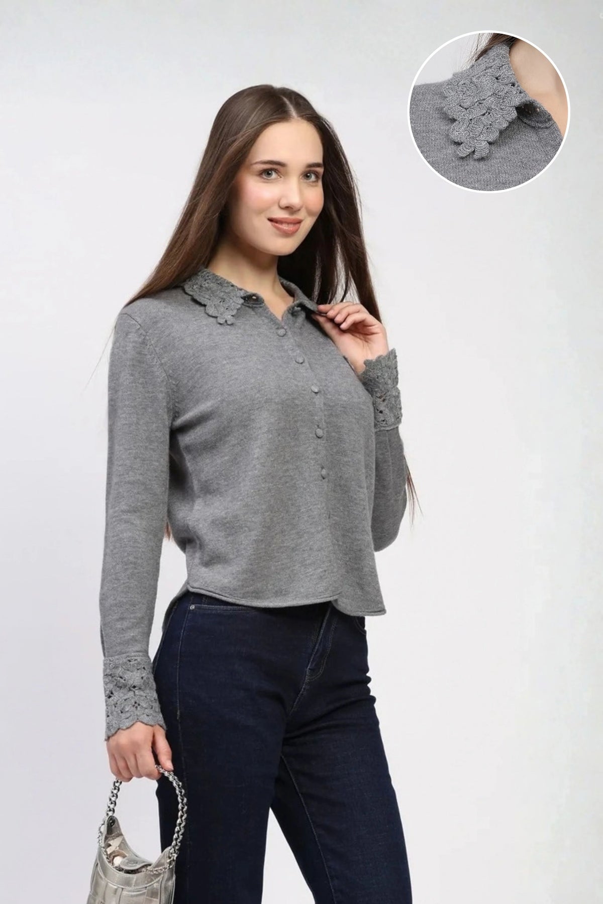 Grey Crochet Detail Winter Shirt