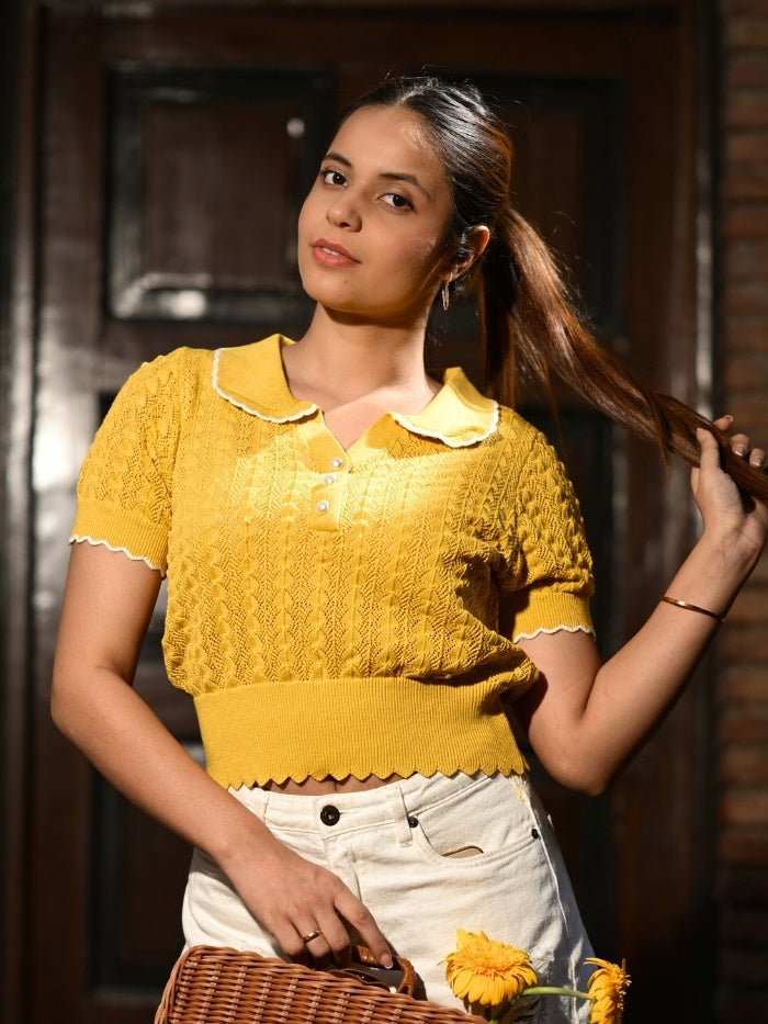 Yellow Cotton Blend Crop Top - Global Republic