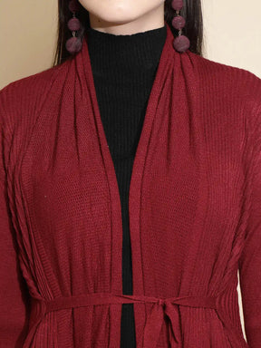 Maroon Solid Full Sleeve Open Neck Woolen Wrap Winter Shrug Sweater