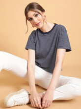 Women Loose Fit Navy & White Horizontal Striped T-Shirt