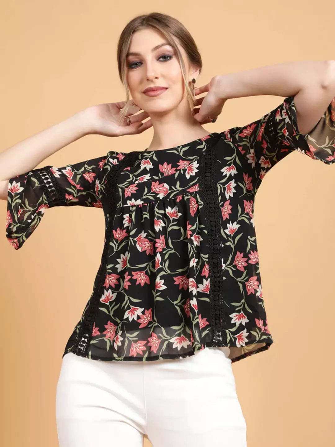 Women Flared Fit Bell Sleeves Florals Printed Blouson Top