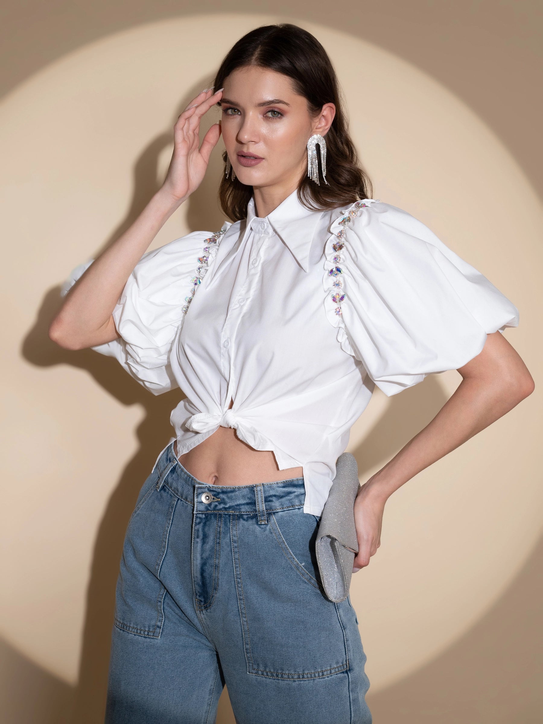 Women Black Collar Neck Puffed Sleeves Shirt