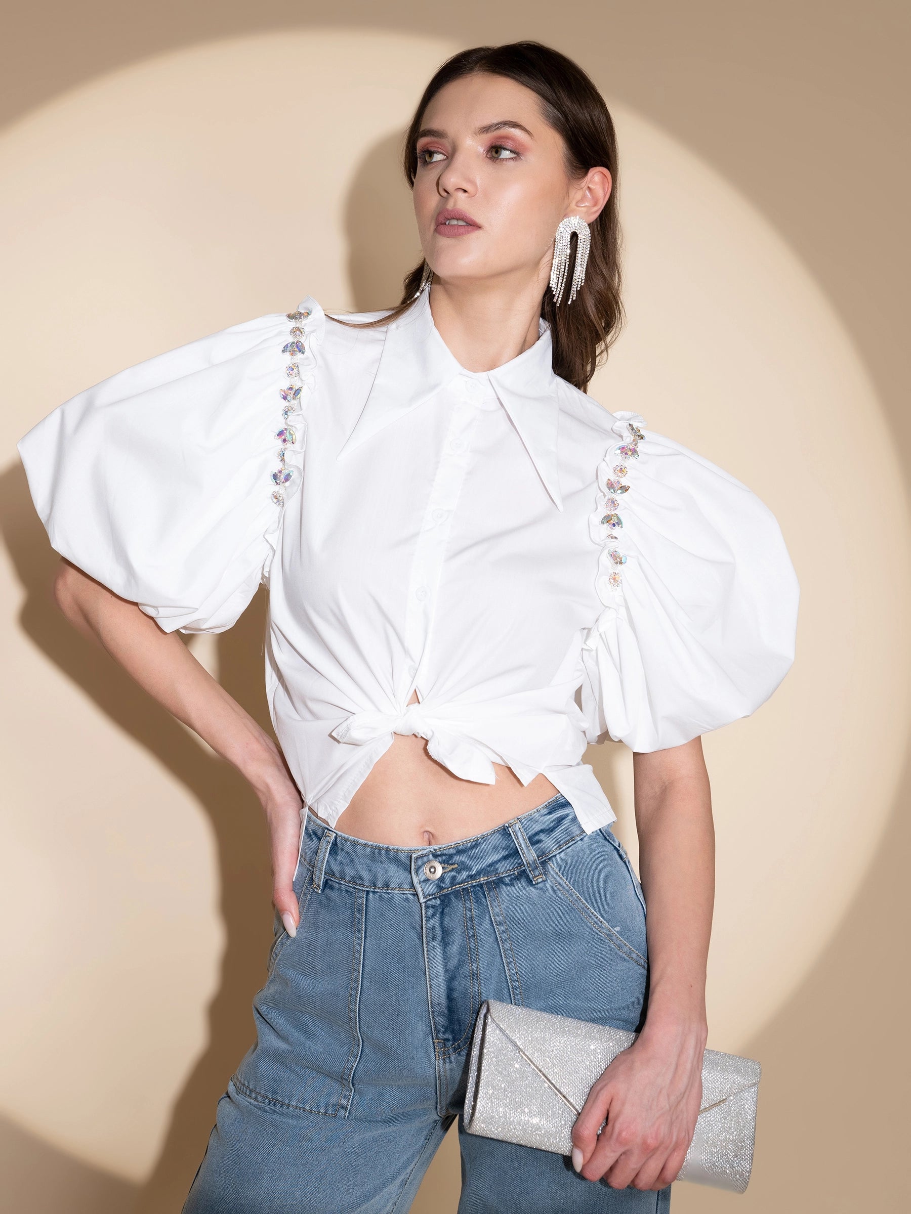 Women Black Collar Neck Puffed Sleeves Shirt