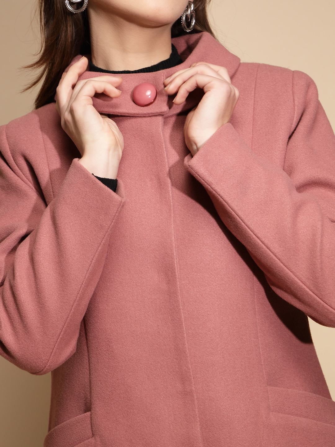Women Pink Solid High Neck Full Sleeve Loose fit Coat