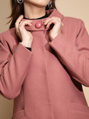 Women Pink Solid High Neck Full Sleeve Loose fit Coat