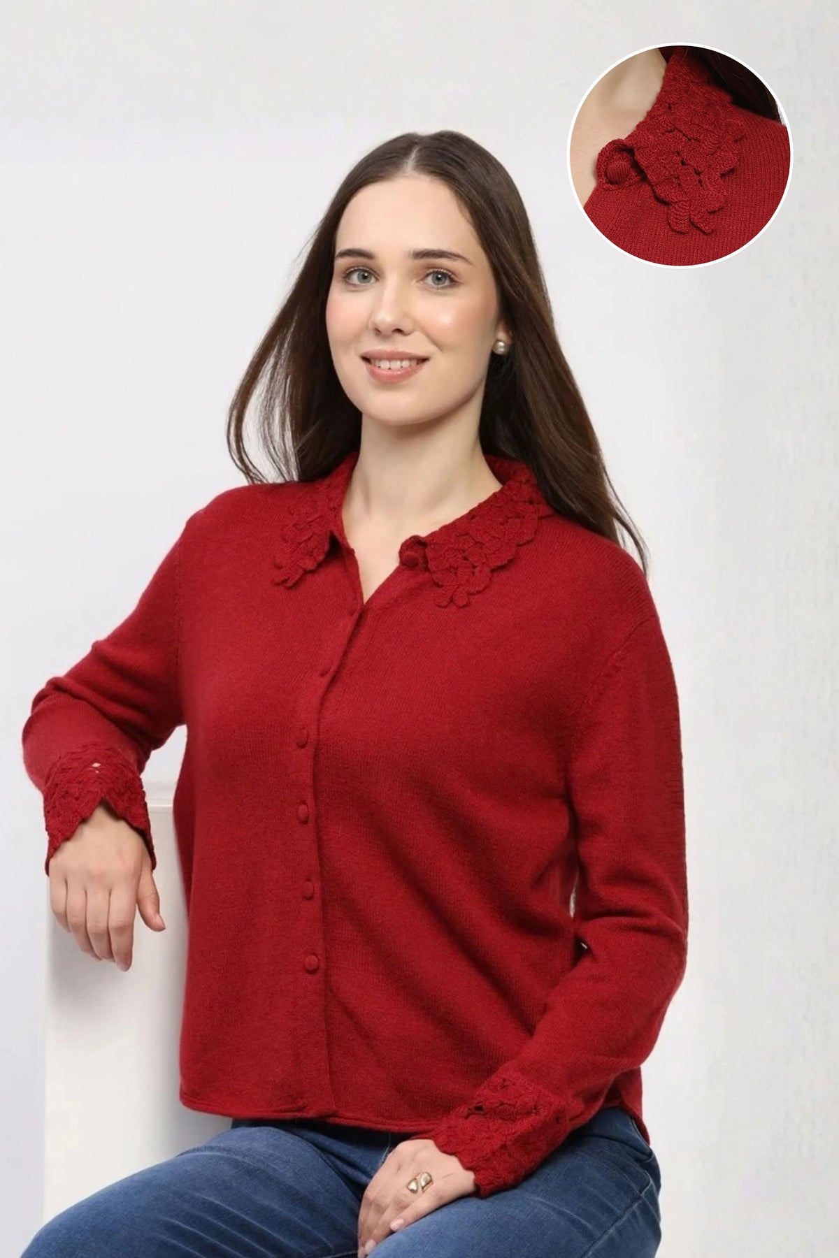 Red Crochet Detail Winter Shirt