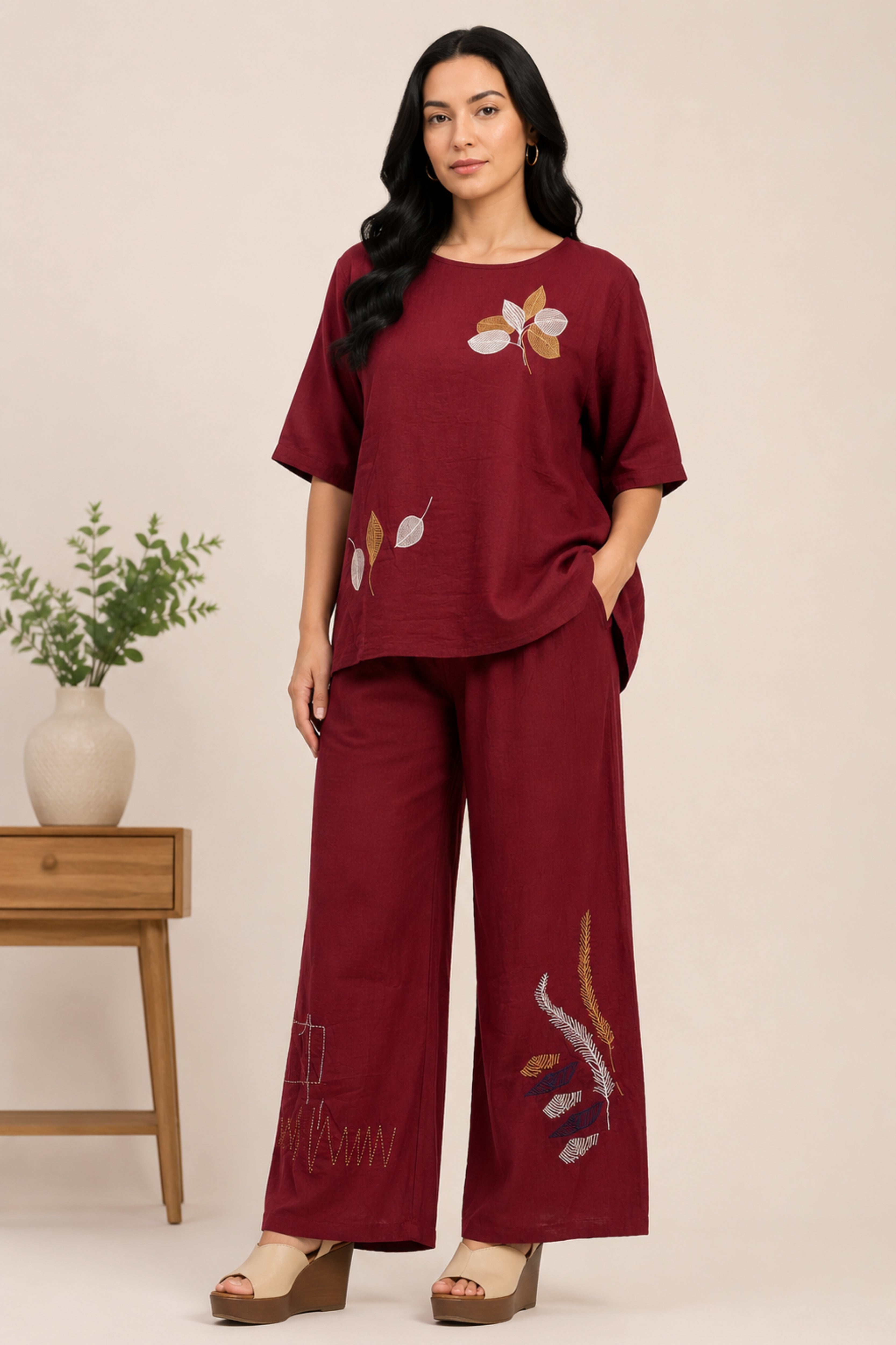 Maroon Leaf Embroidered Lounge Wear Set
