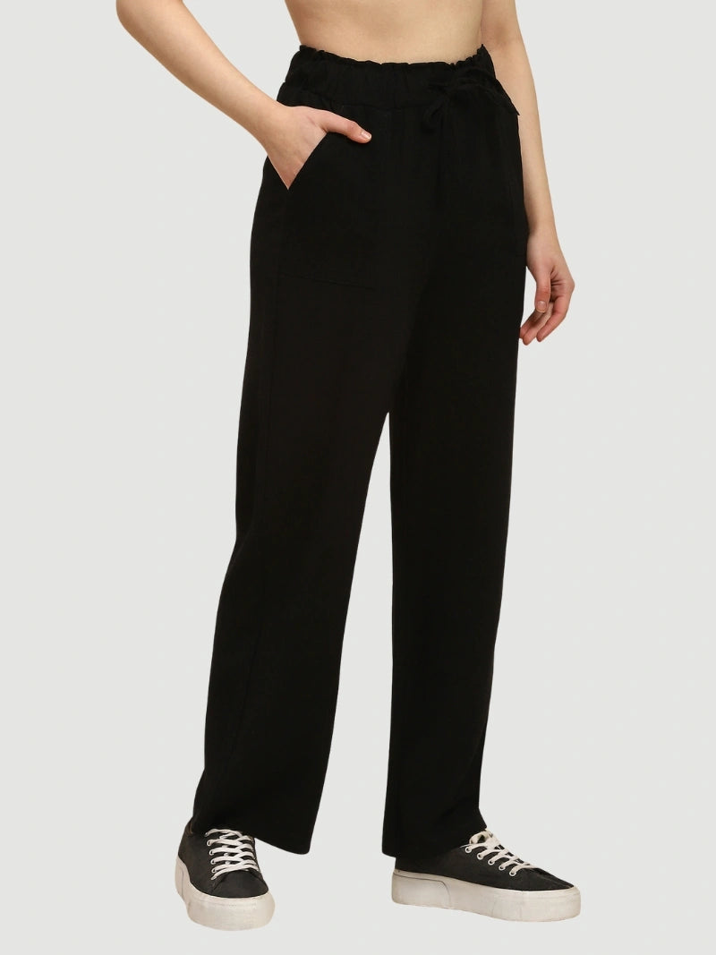 Black Solid Cotton Linen Relaxed Lower - Global Republic