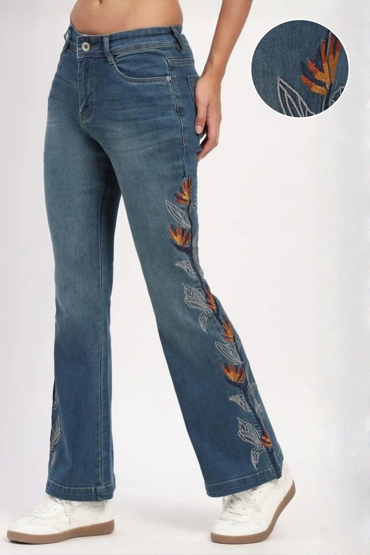 Blue Embroidered Bootcut Jeans