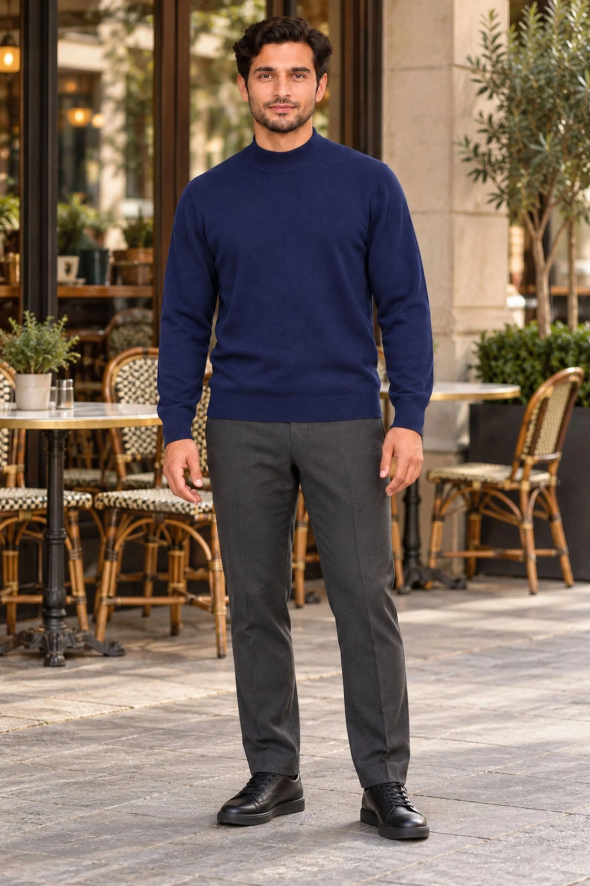 Dark Blue Slim-Fit High-Neck Pullover-Global Republic