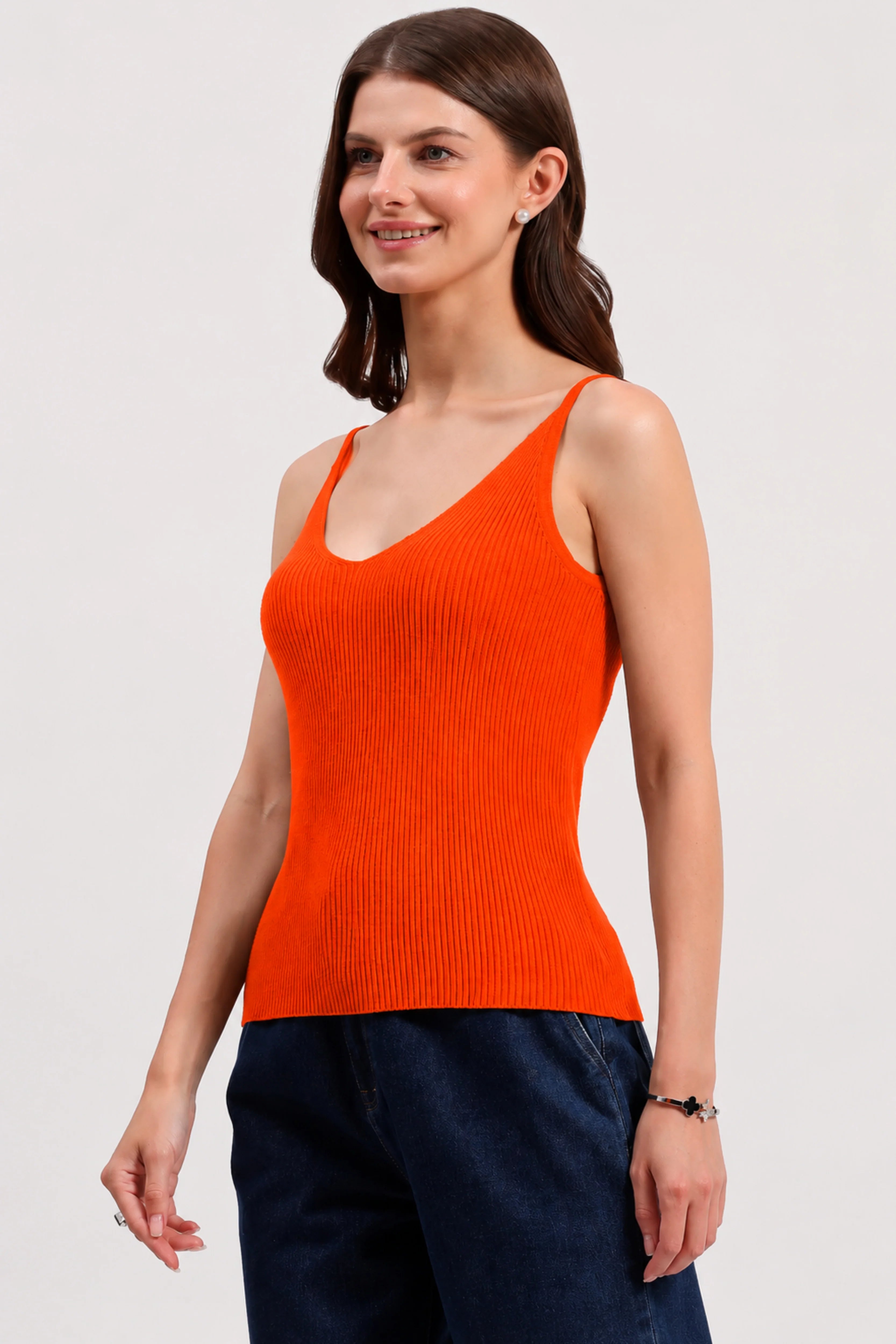 Orange Ribbed Two-Way Neck Camisole-Global Republic