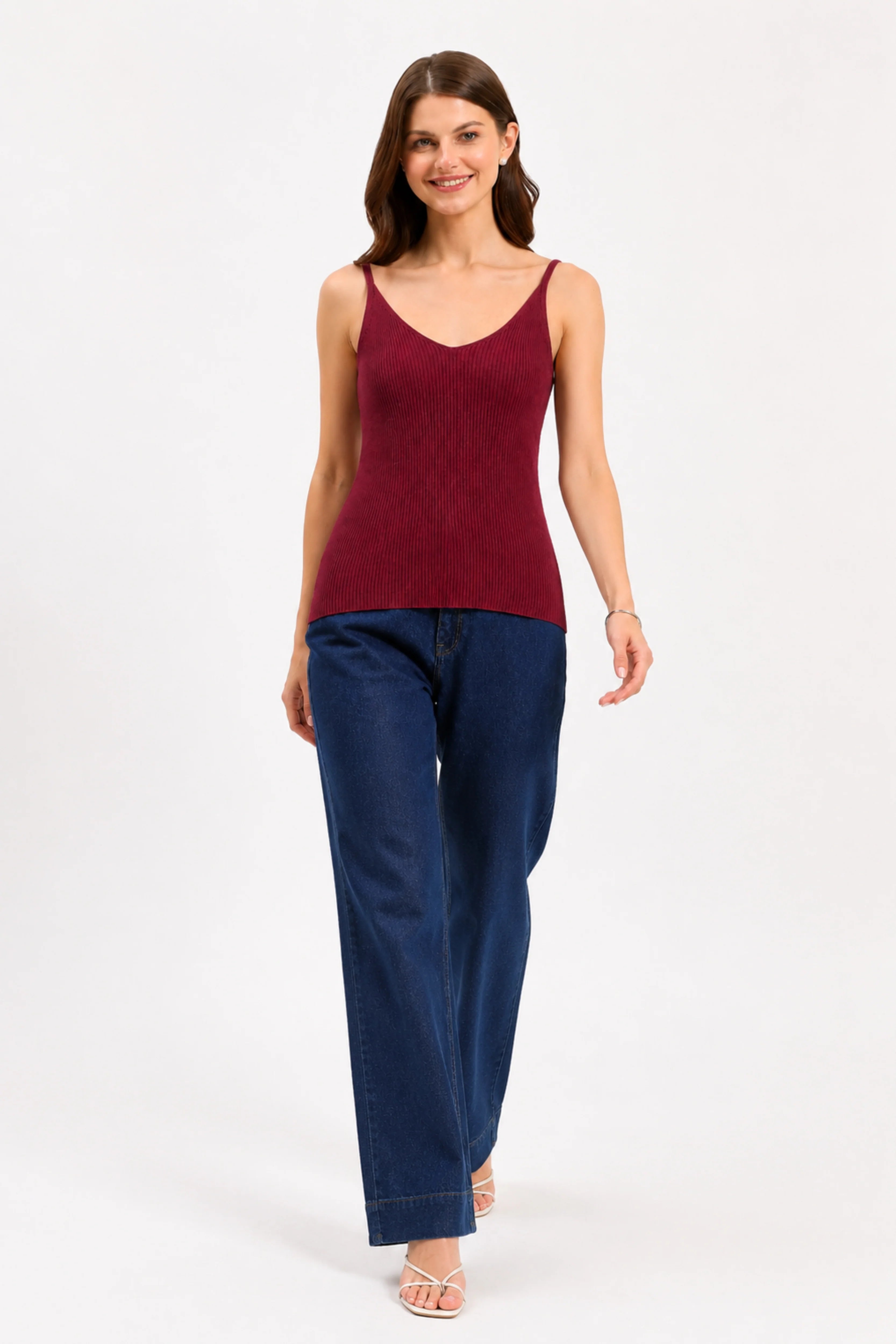 Wine Ribbed Two-Way Neck Camisole-Global Republic