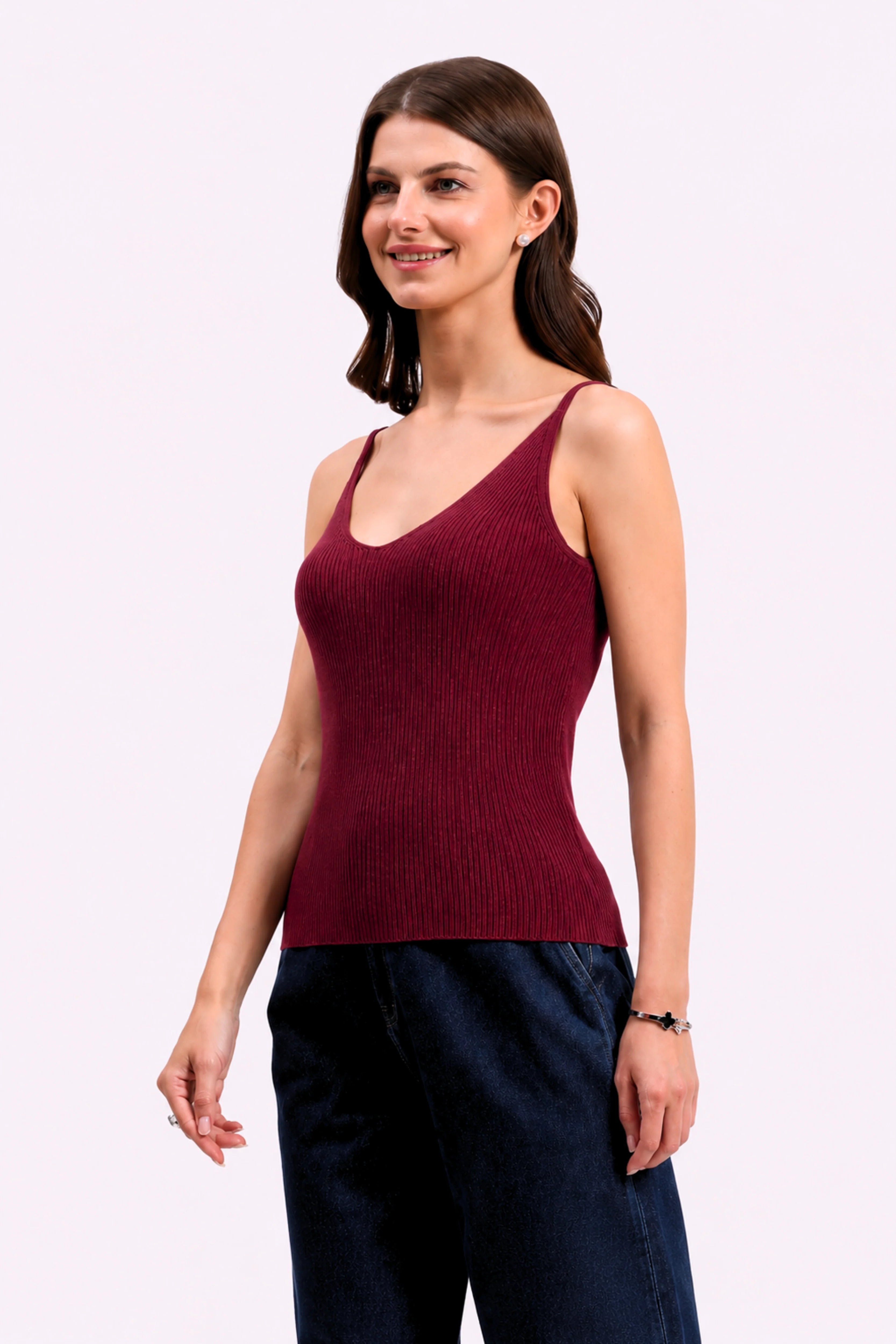 Wine Ribbed Two-Way Neck Camisole-Global Republic