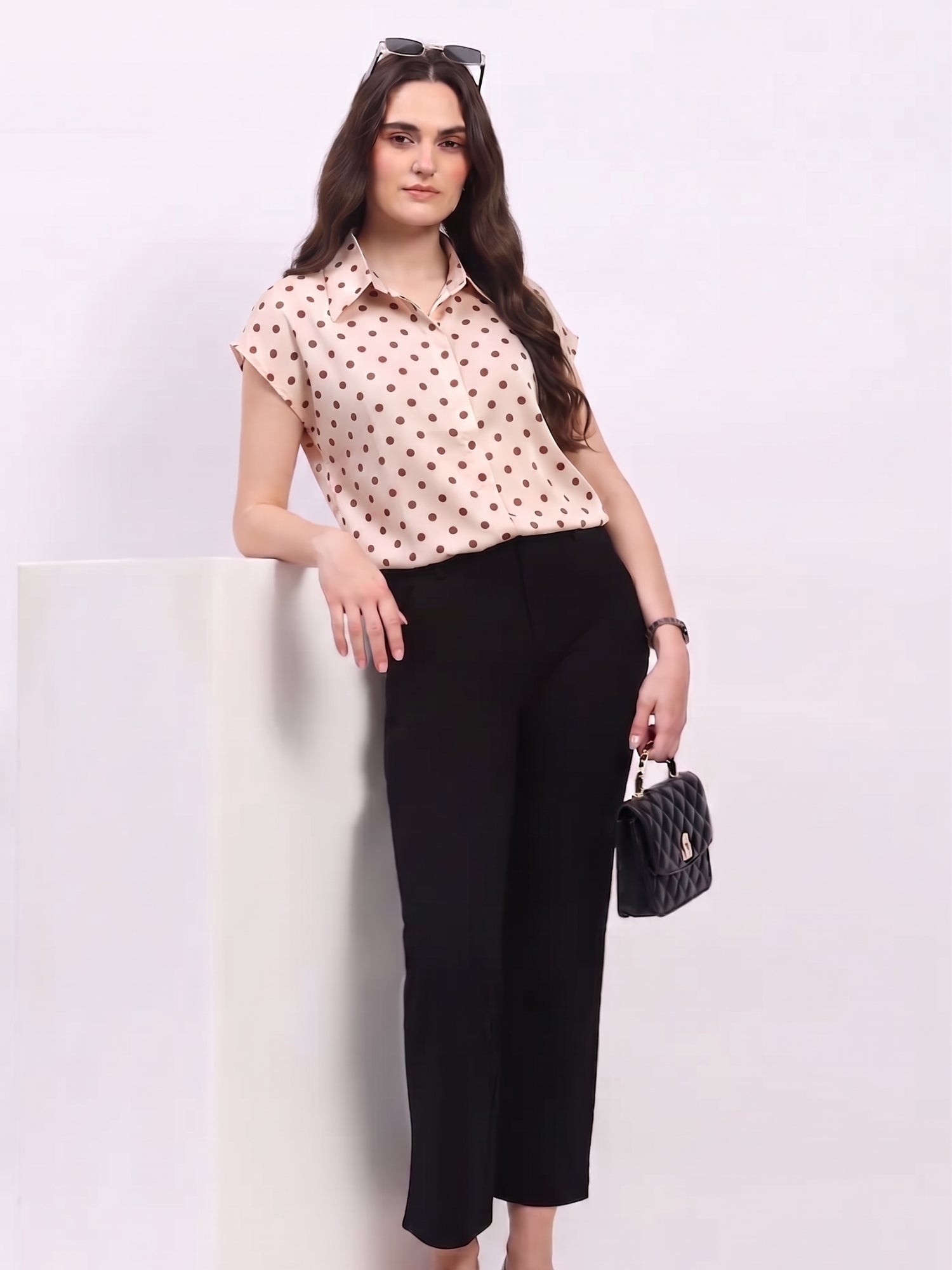 Cream Satin Blend Polka Dot Shirt-Global Republic