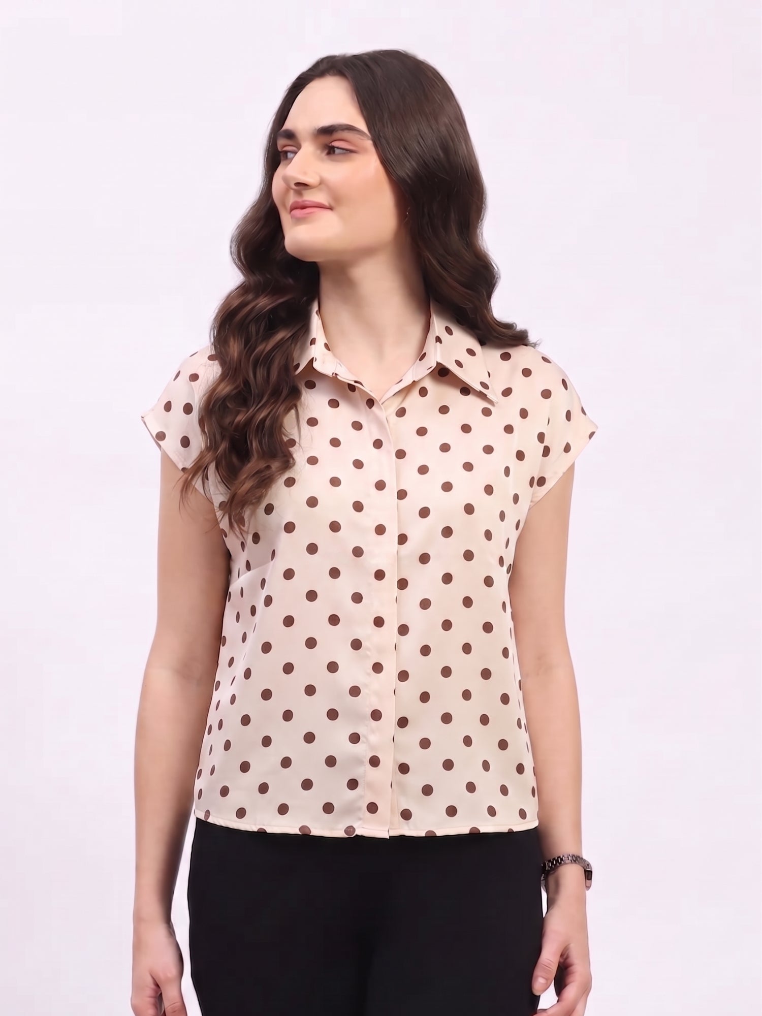 Cream Satin Blend Polka Dot Shirt-Global Republic
