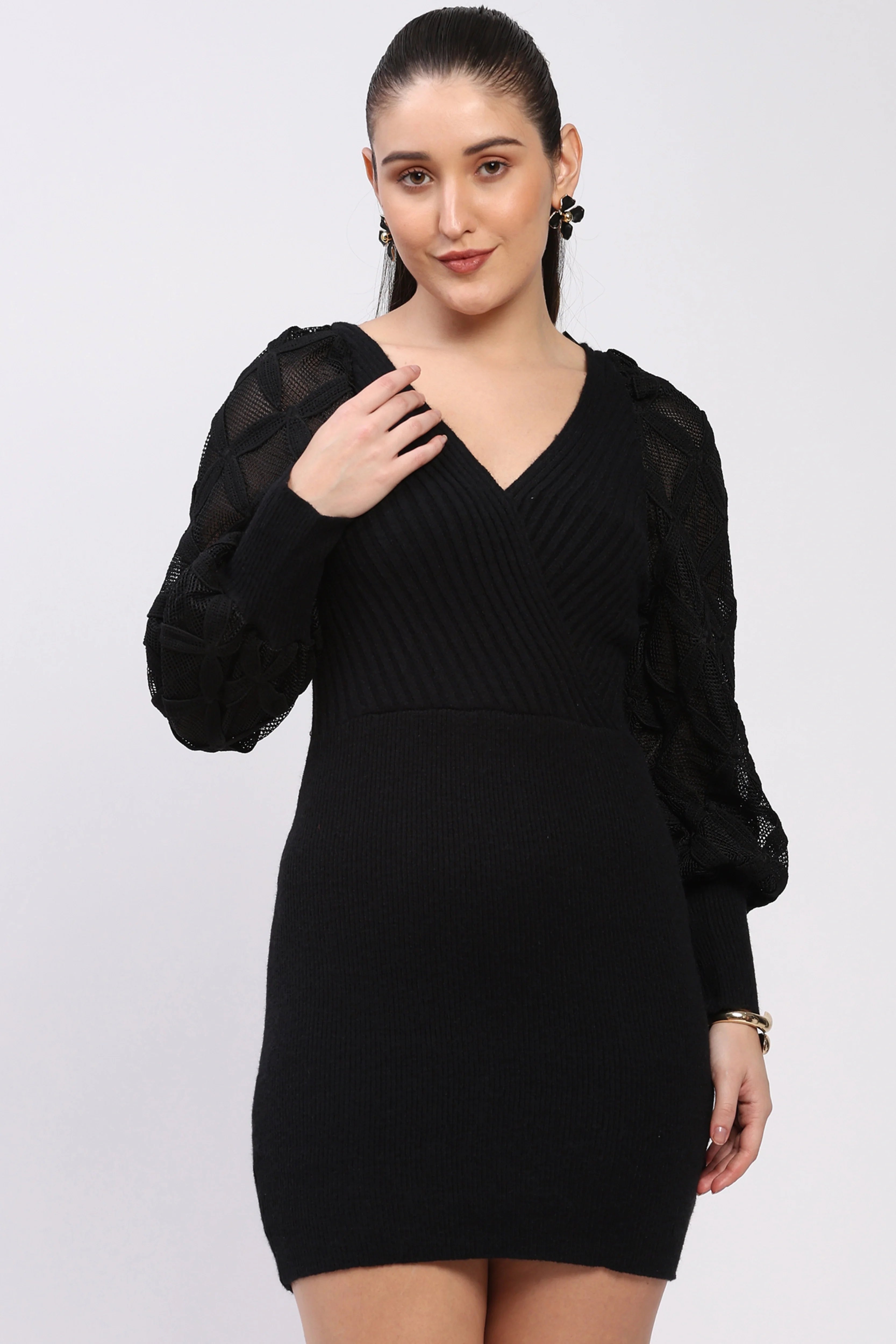 Black Ribbed Bodycon Winter Dress-Global Republic