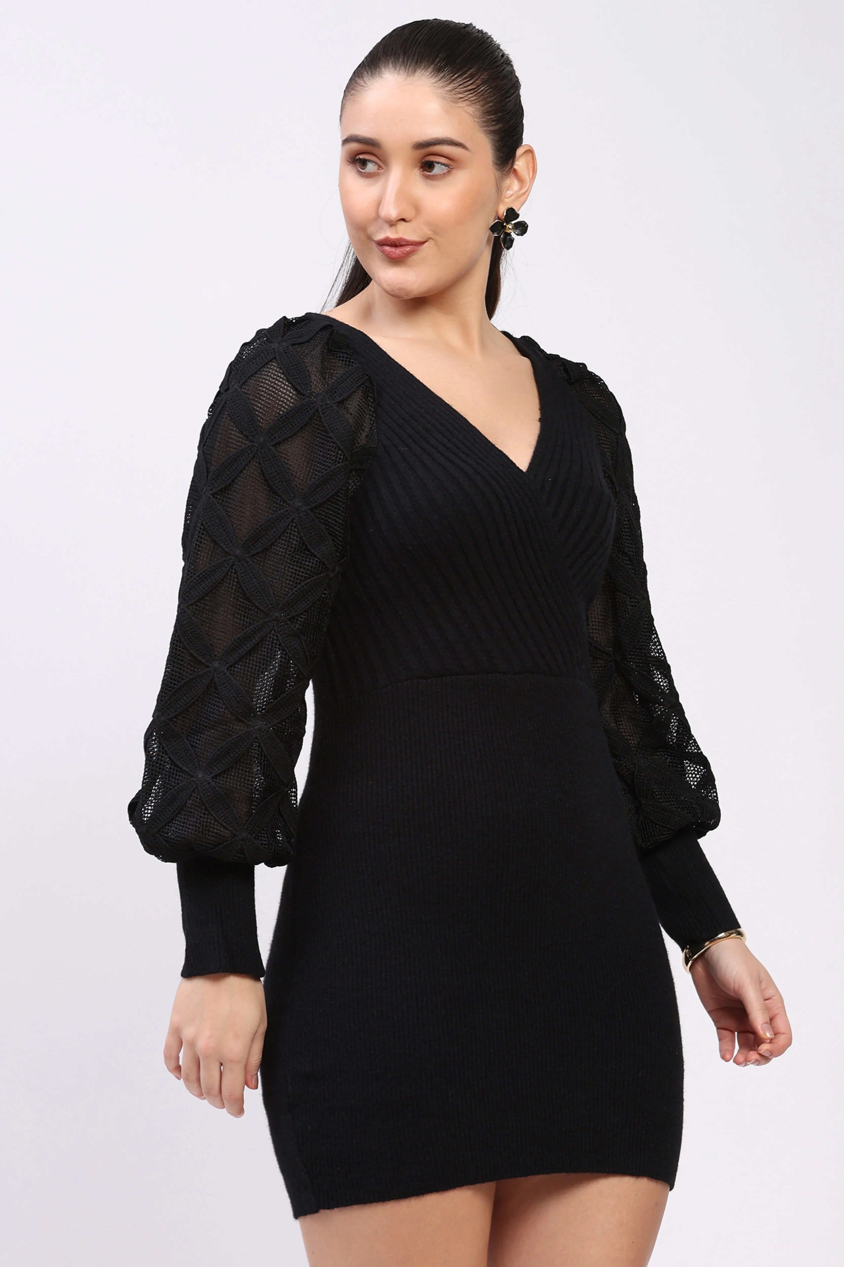 Black Ribbed Bodycon Winter Dress-Global Republic