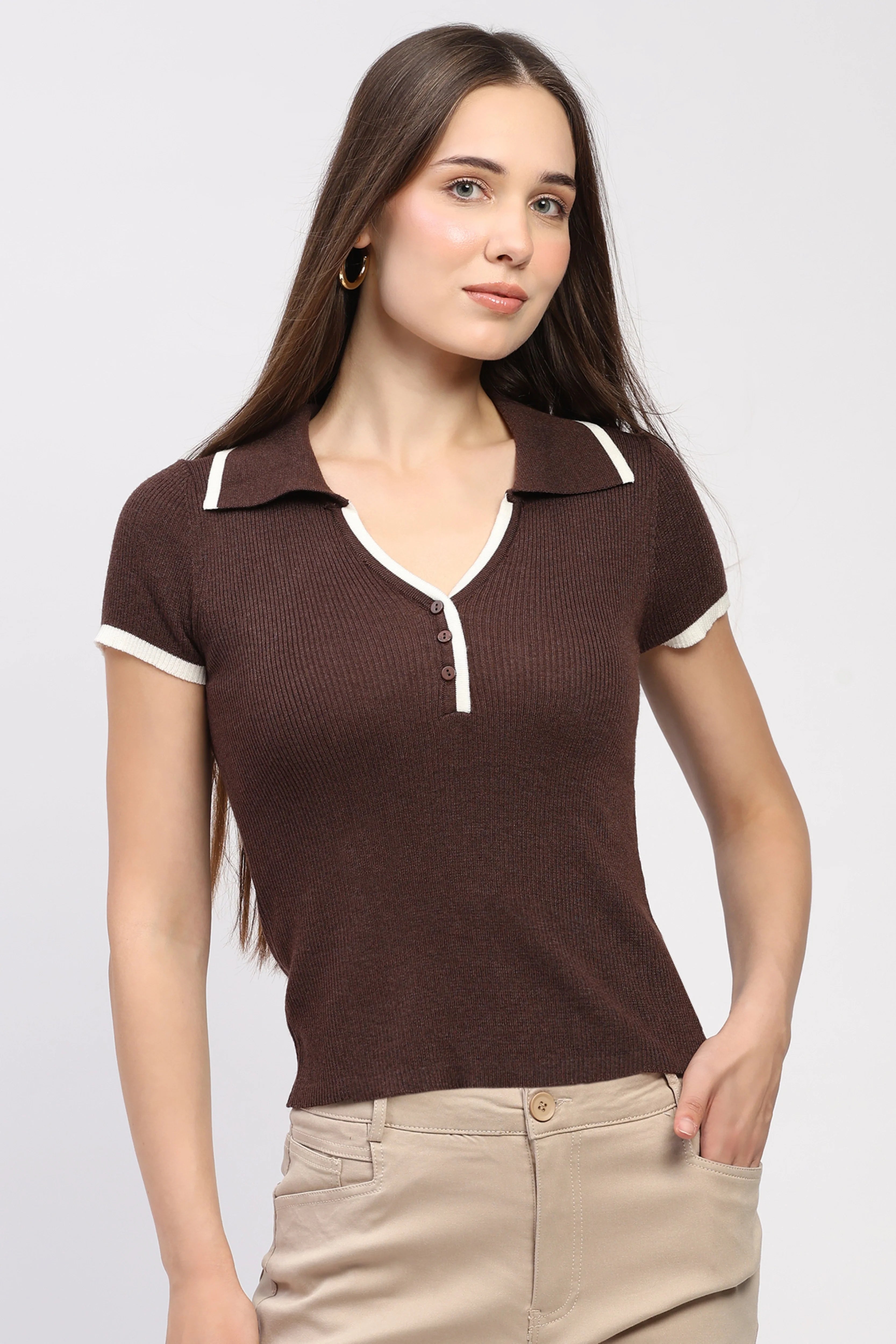 Coffee Brown Slim-Fit Knitted Top