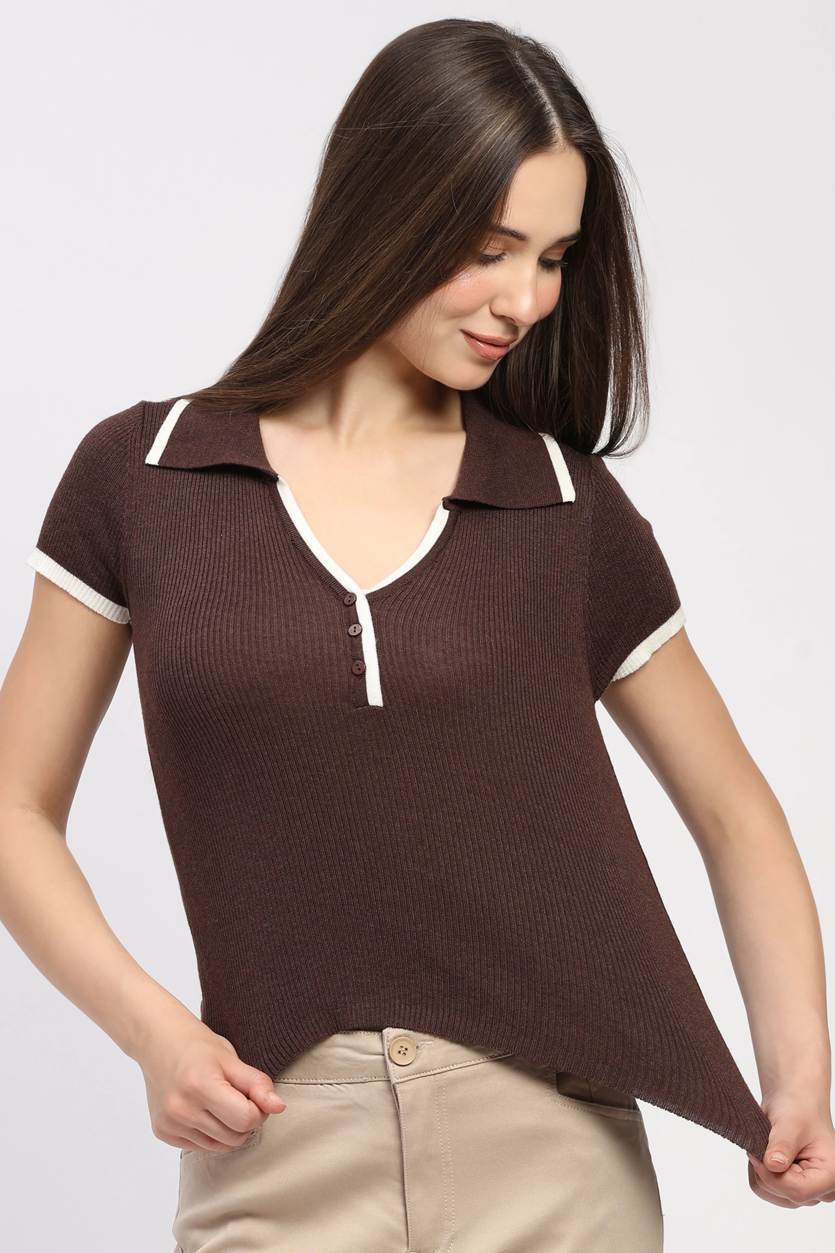 Coffee Brown Slim-Fit Knitted Top
