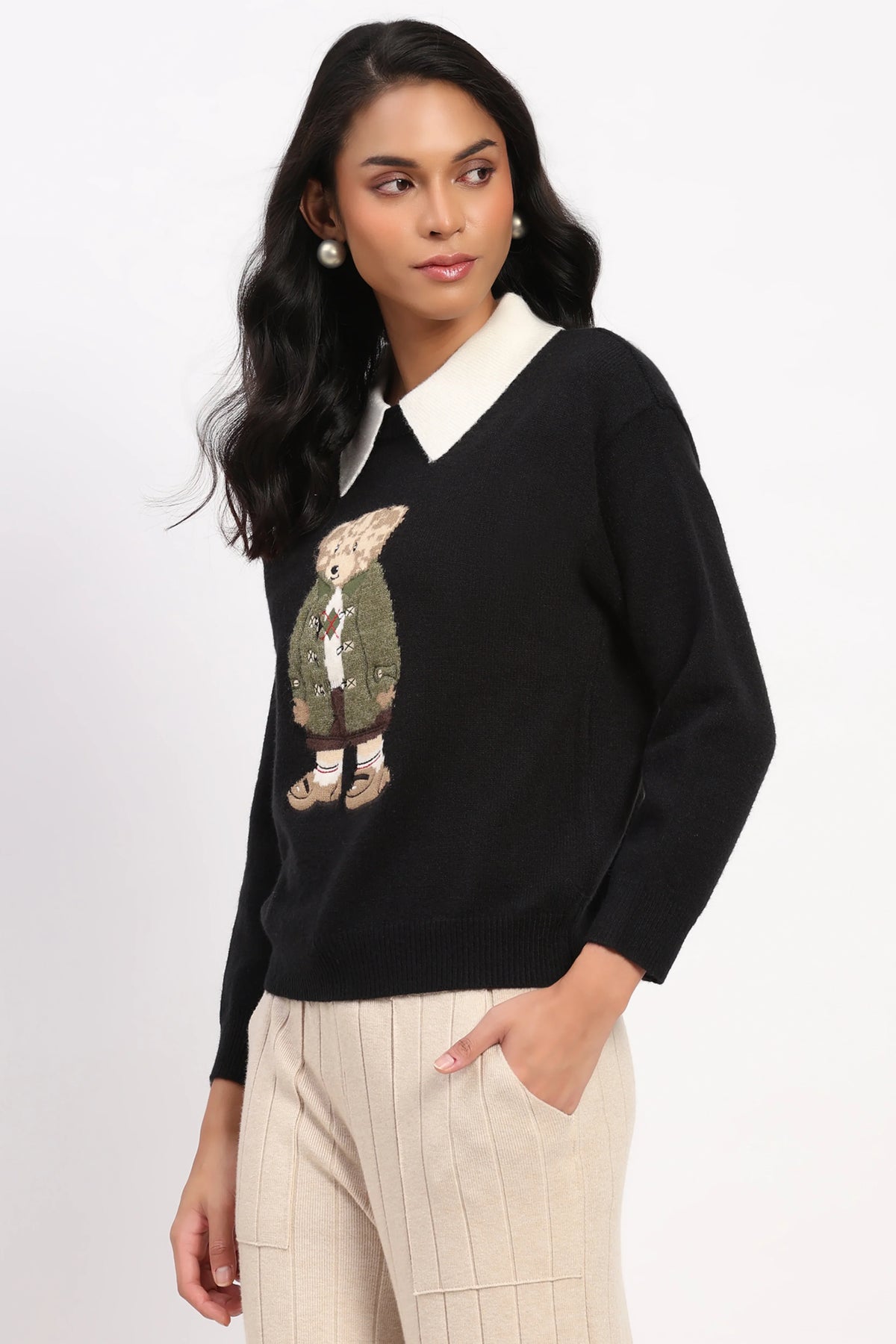 Black Smart Polo Bear Pullover-Global Republic