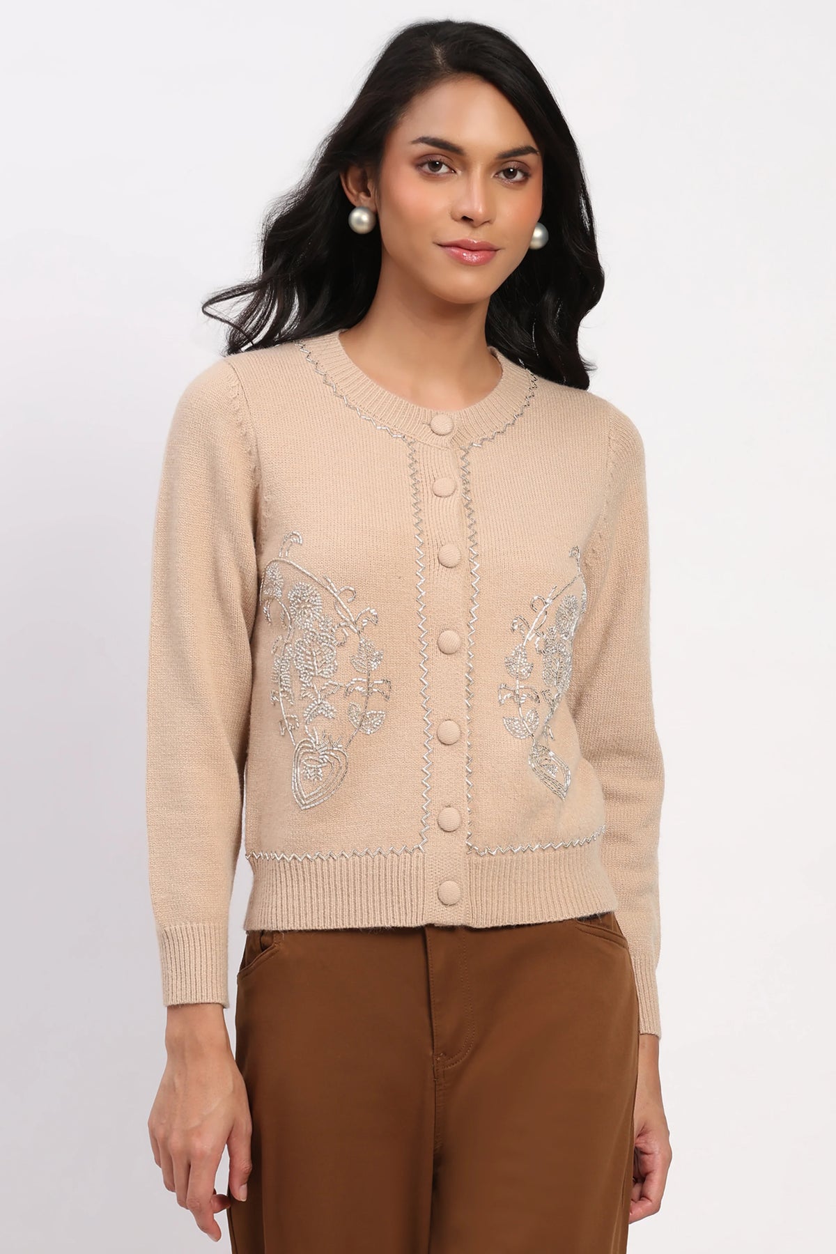 Beige Embellished Winter Cardigan-Global Republic