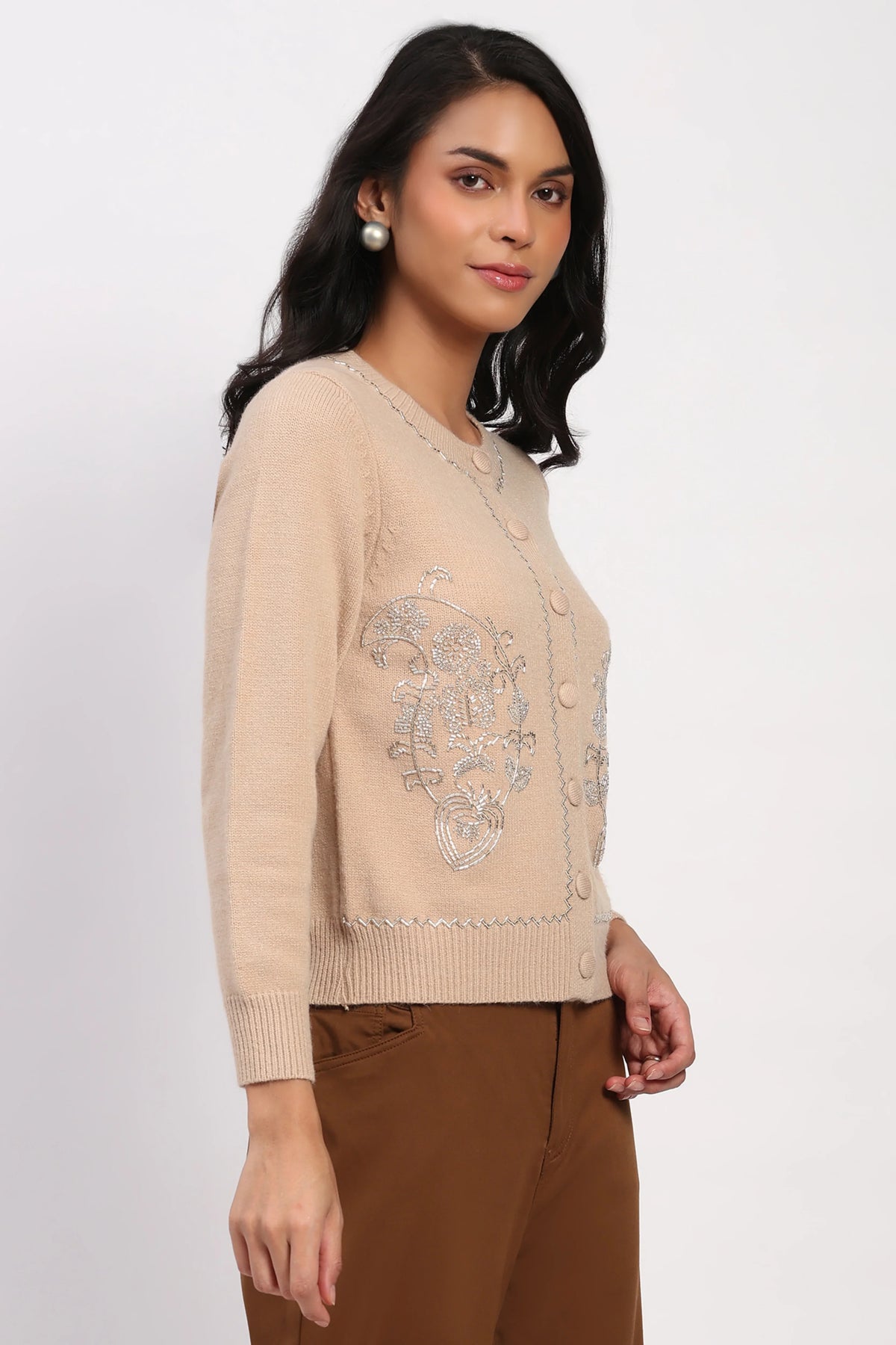 Beige Embellished Winter Cardigan-Global Republic