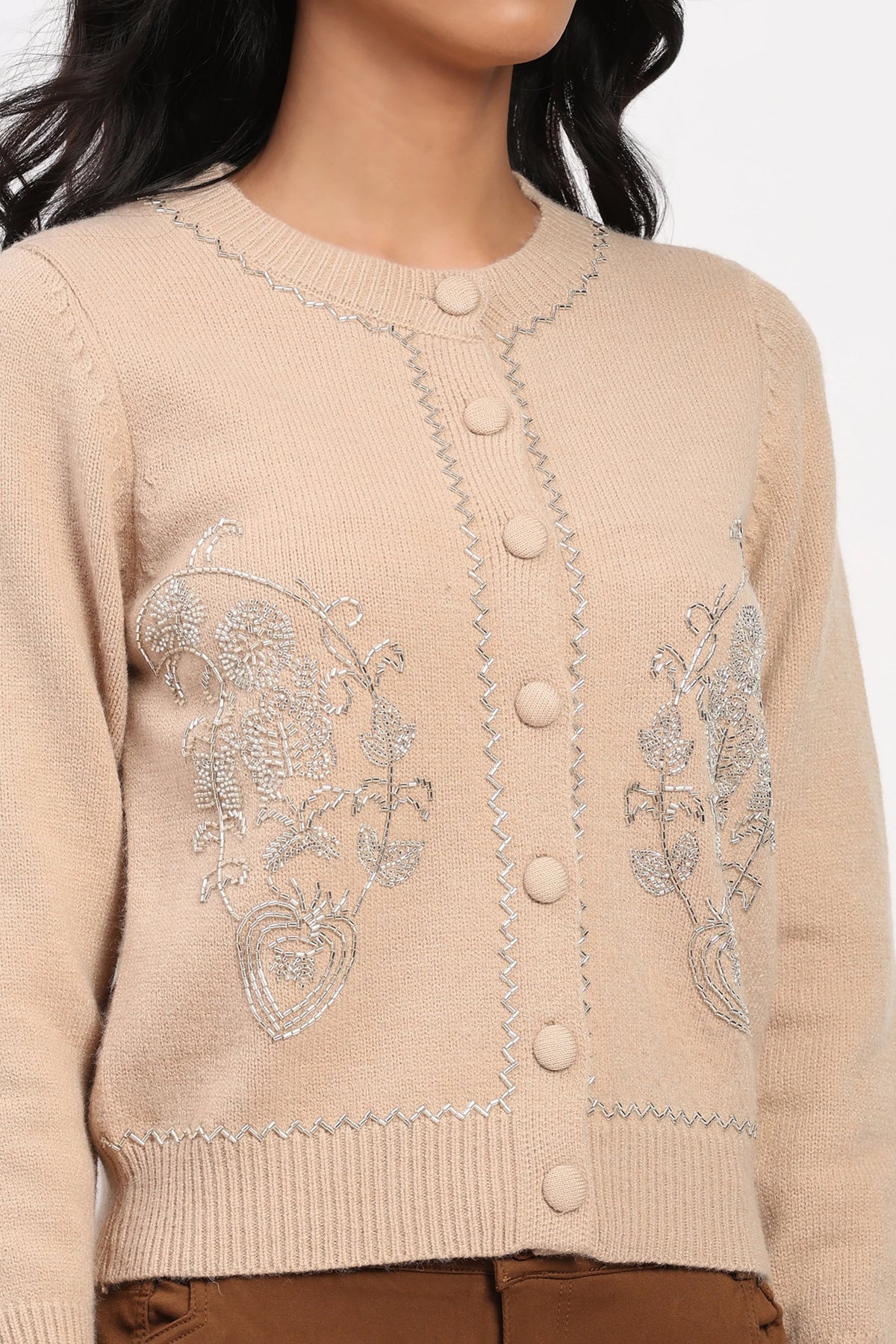 Beige Embellished Winter Cardigan-Global Republic