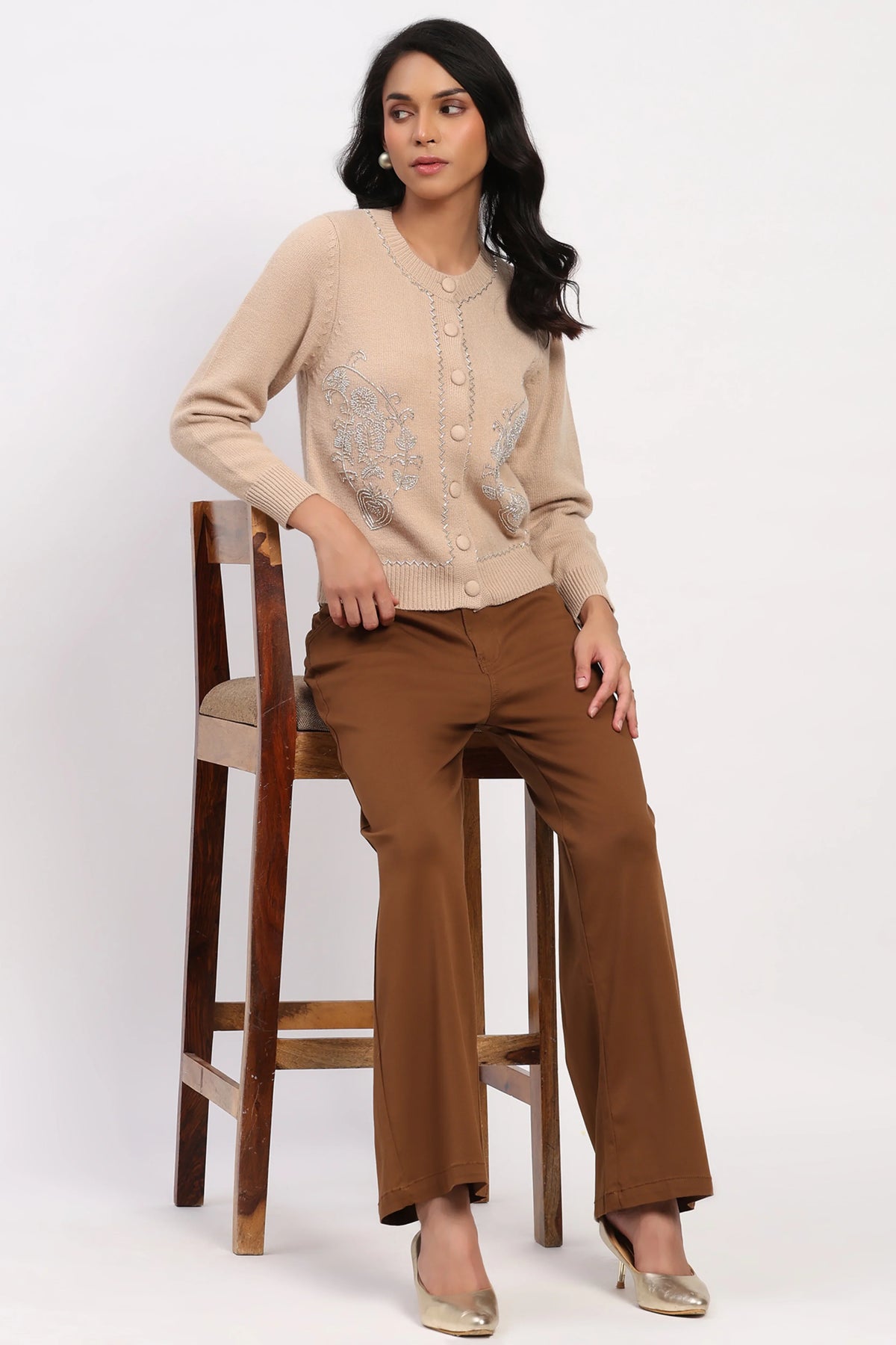 Beige Embellished Winter Cardigan-Global Republic