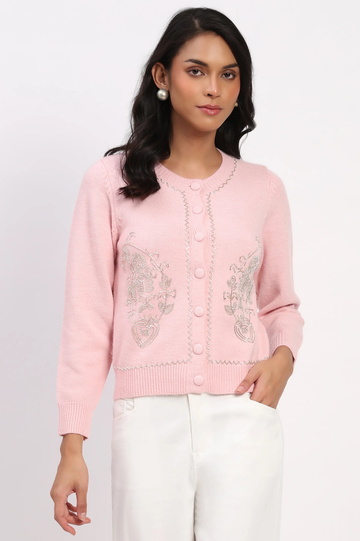 Pink Embellished Winter Cardigan-Global Republic