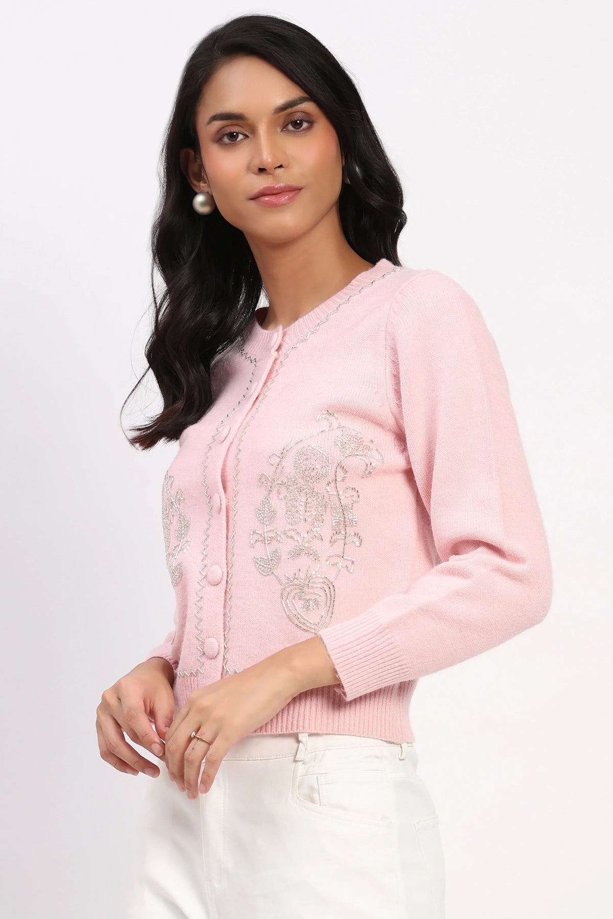 Pink Embellished Winter Cardigan-Global Republic