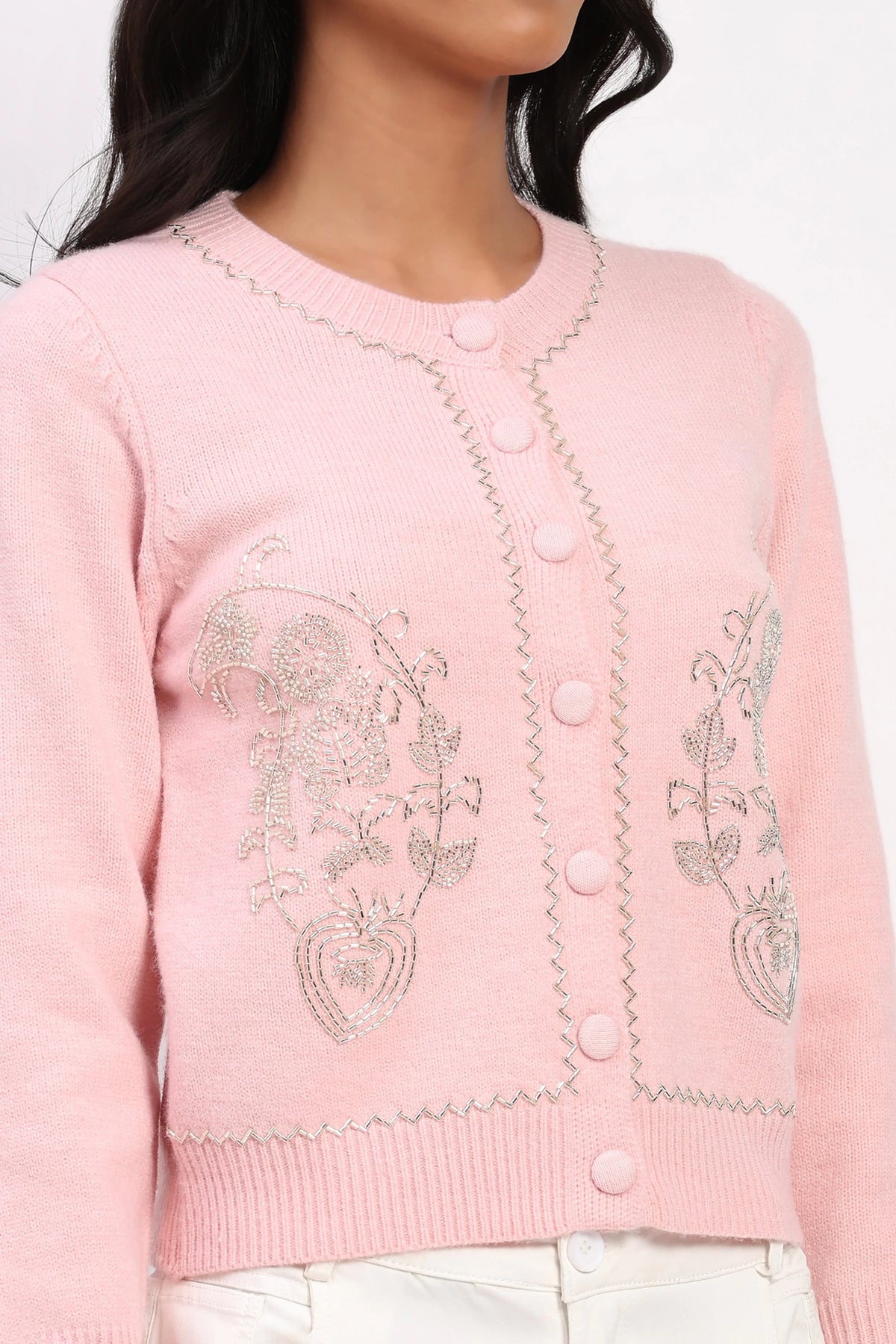 Pink Embellished Winter Cardigan-Global Republic