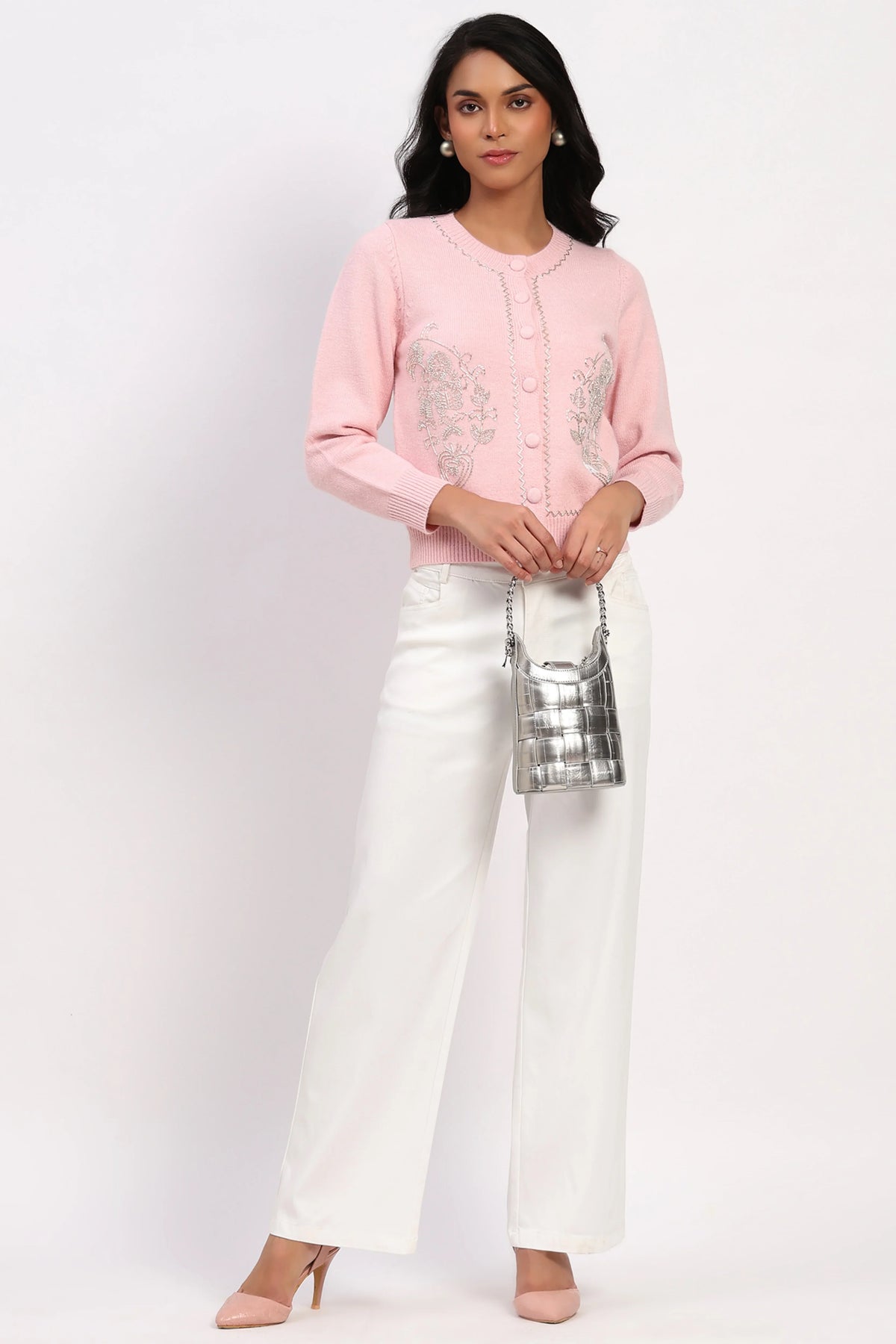 Pink Embellished Winter Cardigan-Global Republic
